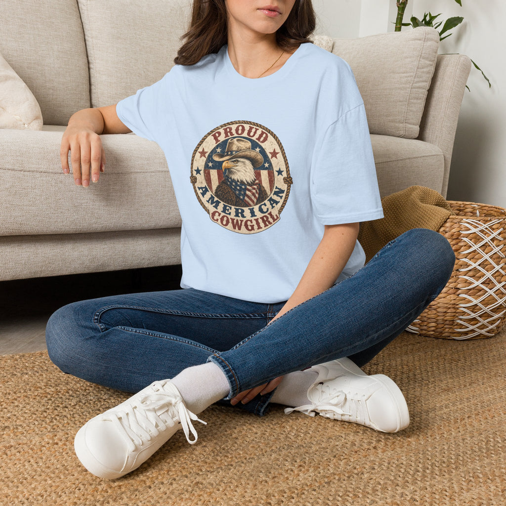 Proud American Cowgirl T-Shirt — Vintage Eagle & Flag Graphic