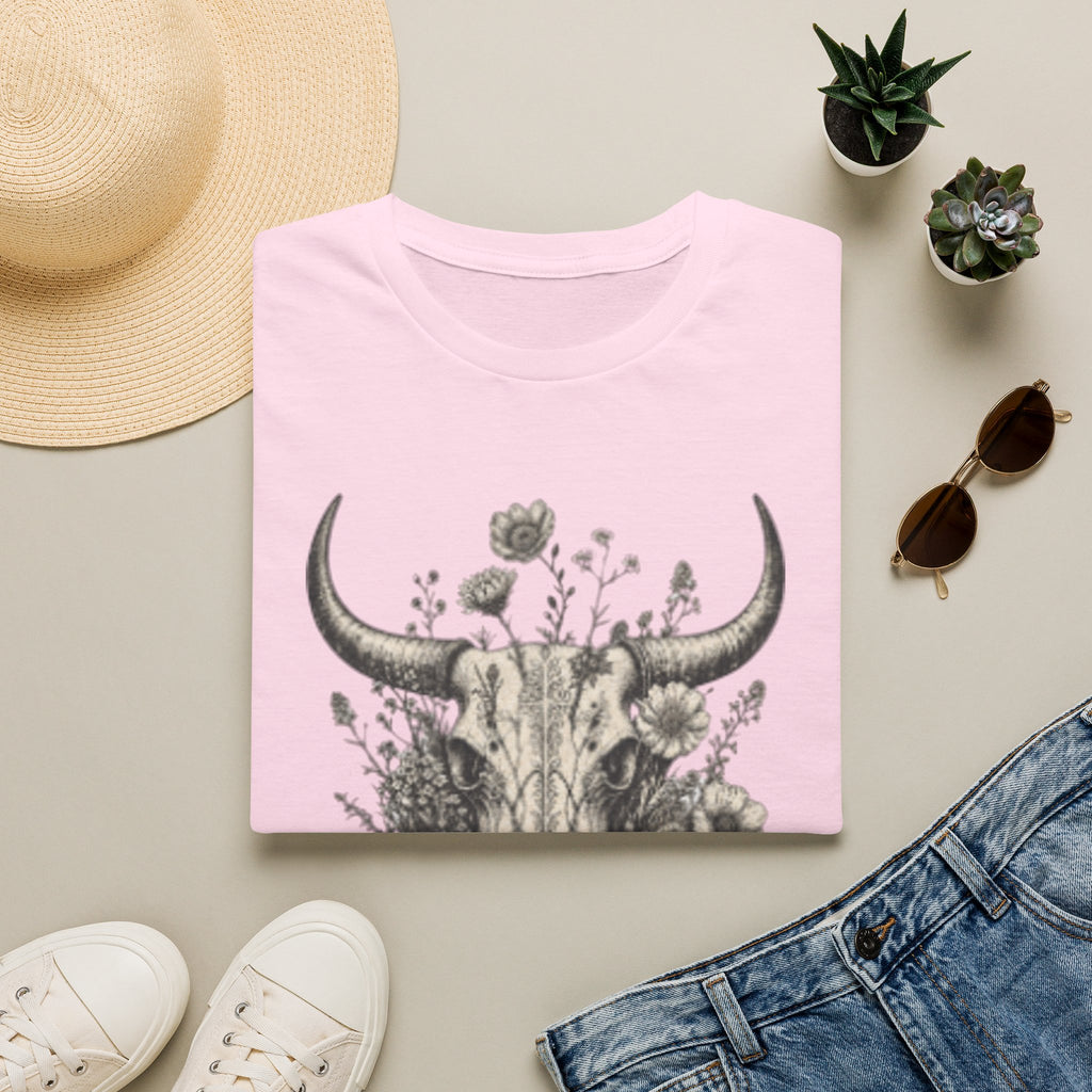 Bull Skull Floral T-Shirt — "Wild and Free" Boho Western Tee