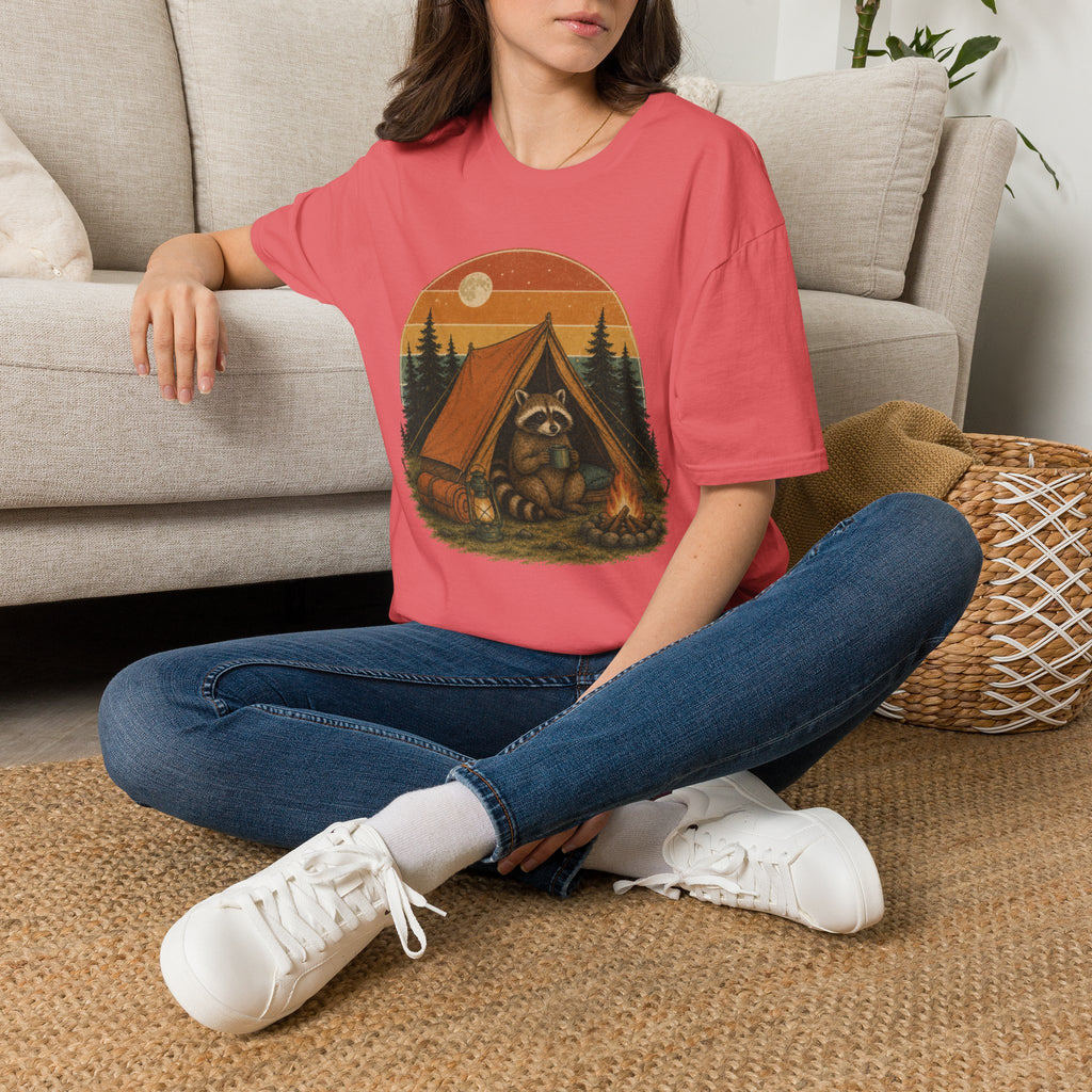 Camping Raccoon T-Shirt — Retro Sunset Tent Outdoor Graphic Tee