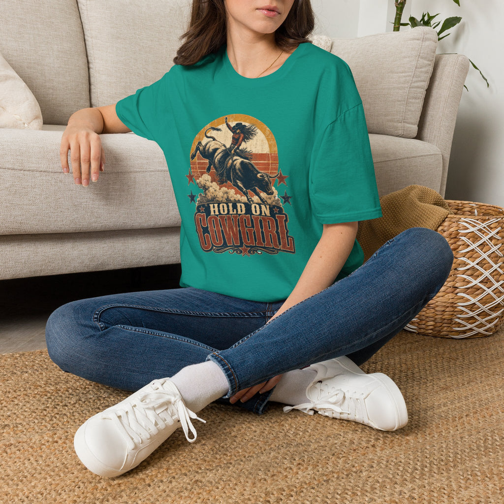 Hold On Cowgirl T-Shirt — Vintage Rodeo Bull Rider Tee