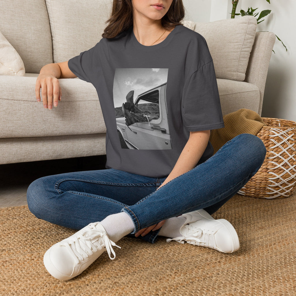 Vintage Road Trip T-Shirt — Black & White Van Window Photo