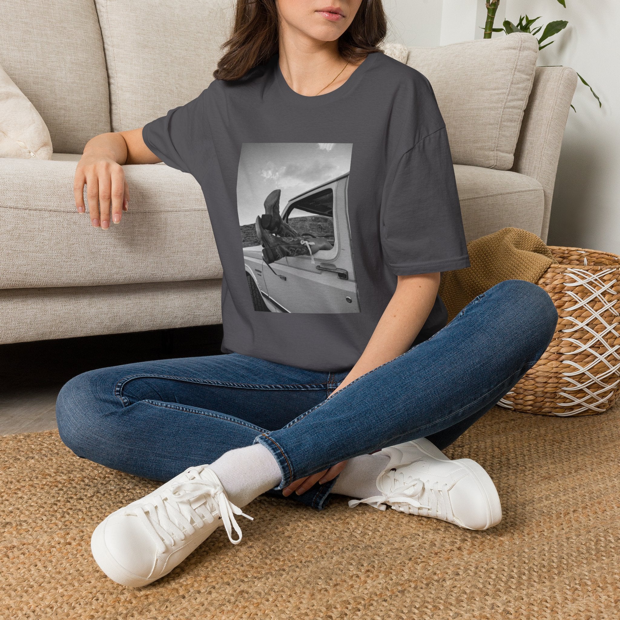 Vintage Road Trip T-Shirt — Black & White Van Window Photo