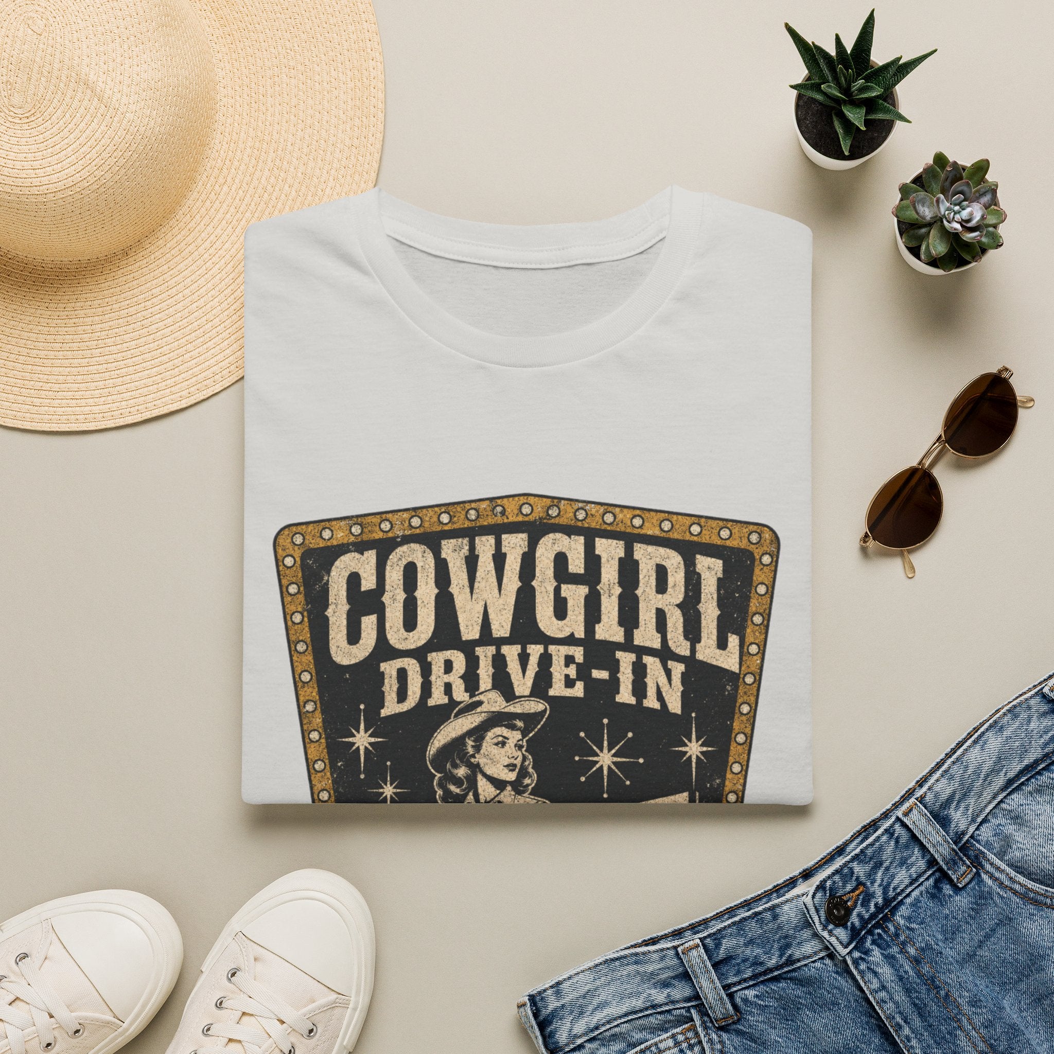 Cowgirl Drive-In Vintage T-Shirt — Retro Western Graphic Tee ("Cowgirl Drive-In Open Since 1955")