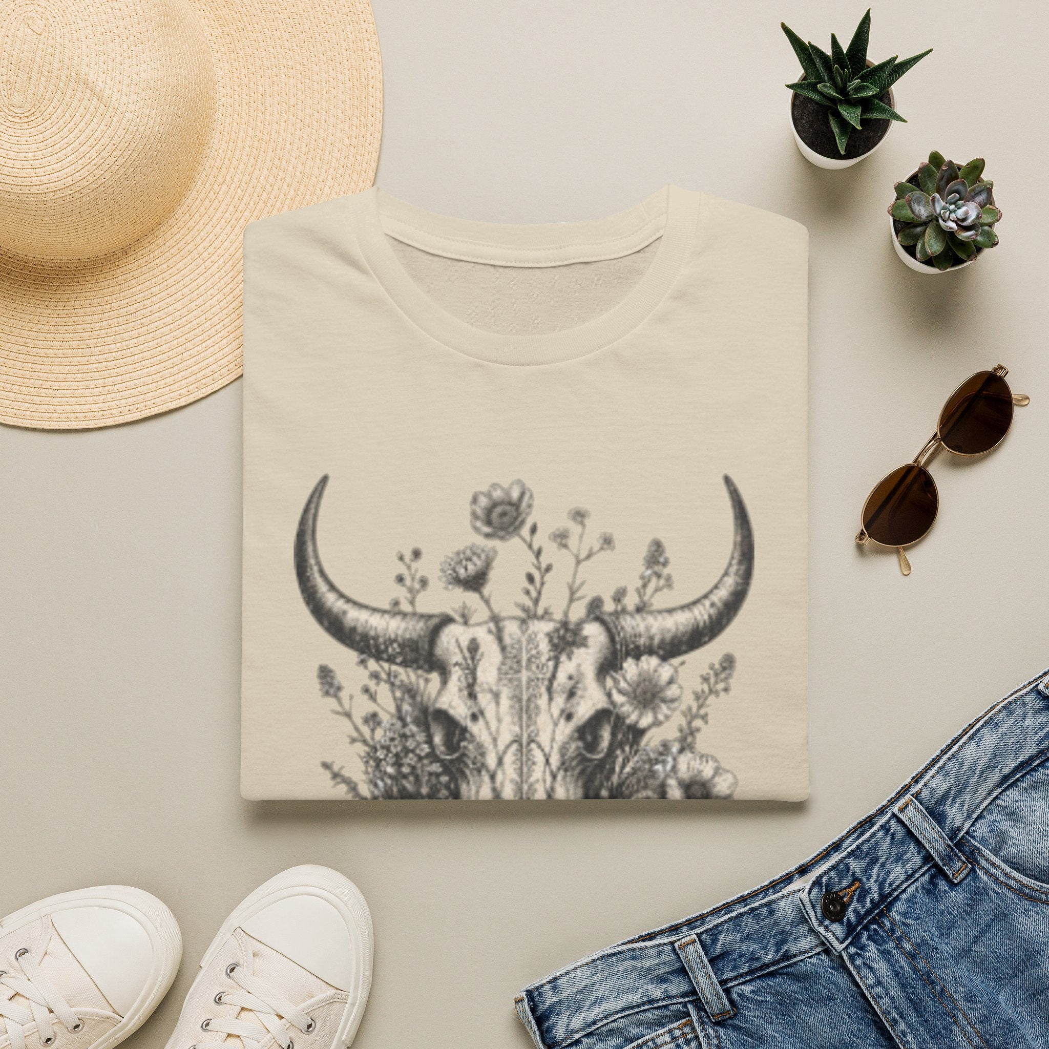 Bull Skull Floral T-Shirt — "Wild and Free" Boho Western Tee