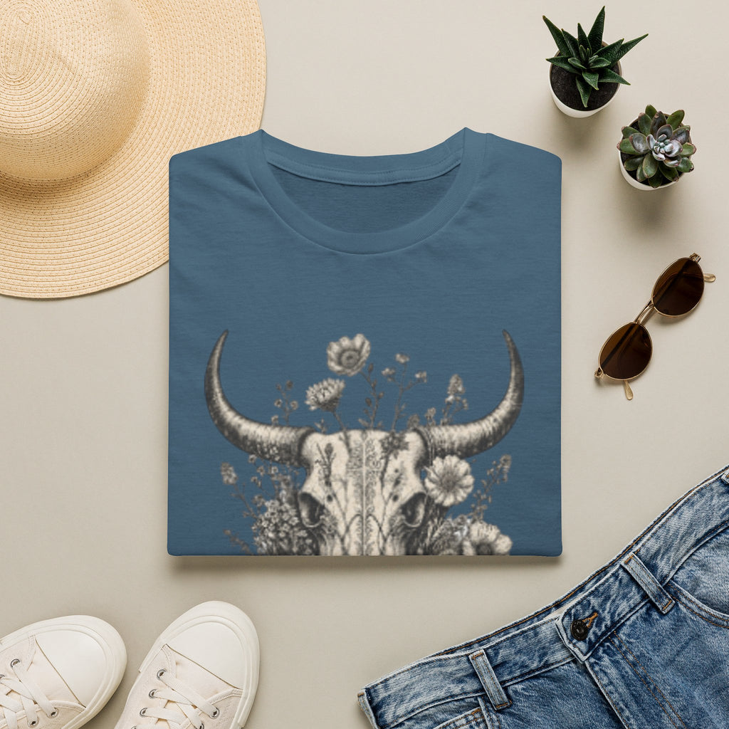 Bull Skull Floral T-Shirt — "Wild and Free" Boho Western Tee