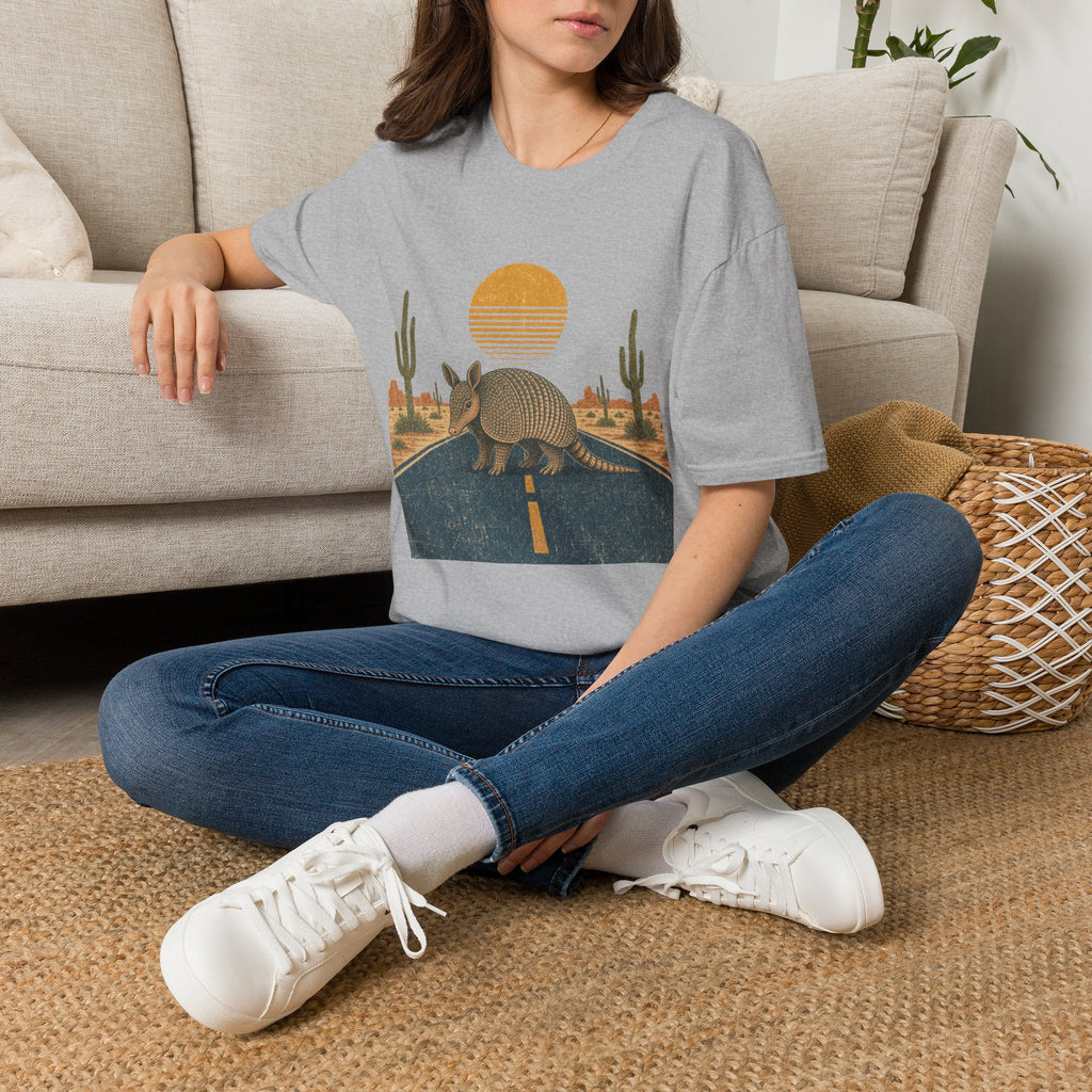 Armadillo Desert Sunset T-Shirt — Retro Cactus Road Wildlife Tee