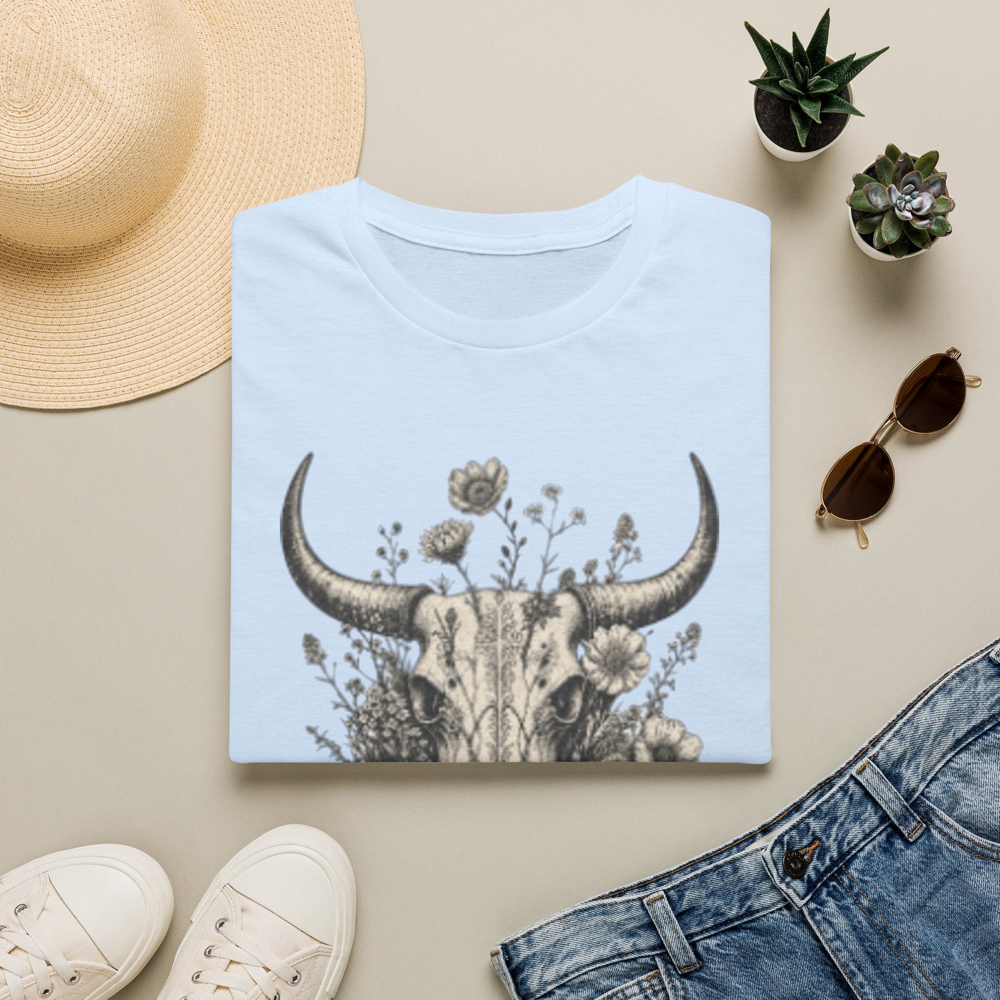 Bull Skull Floral T-Shirt — "Wild and Free" Boho Western Tee