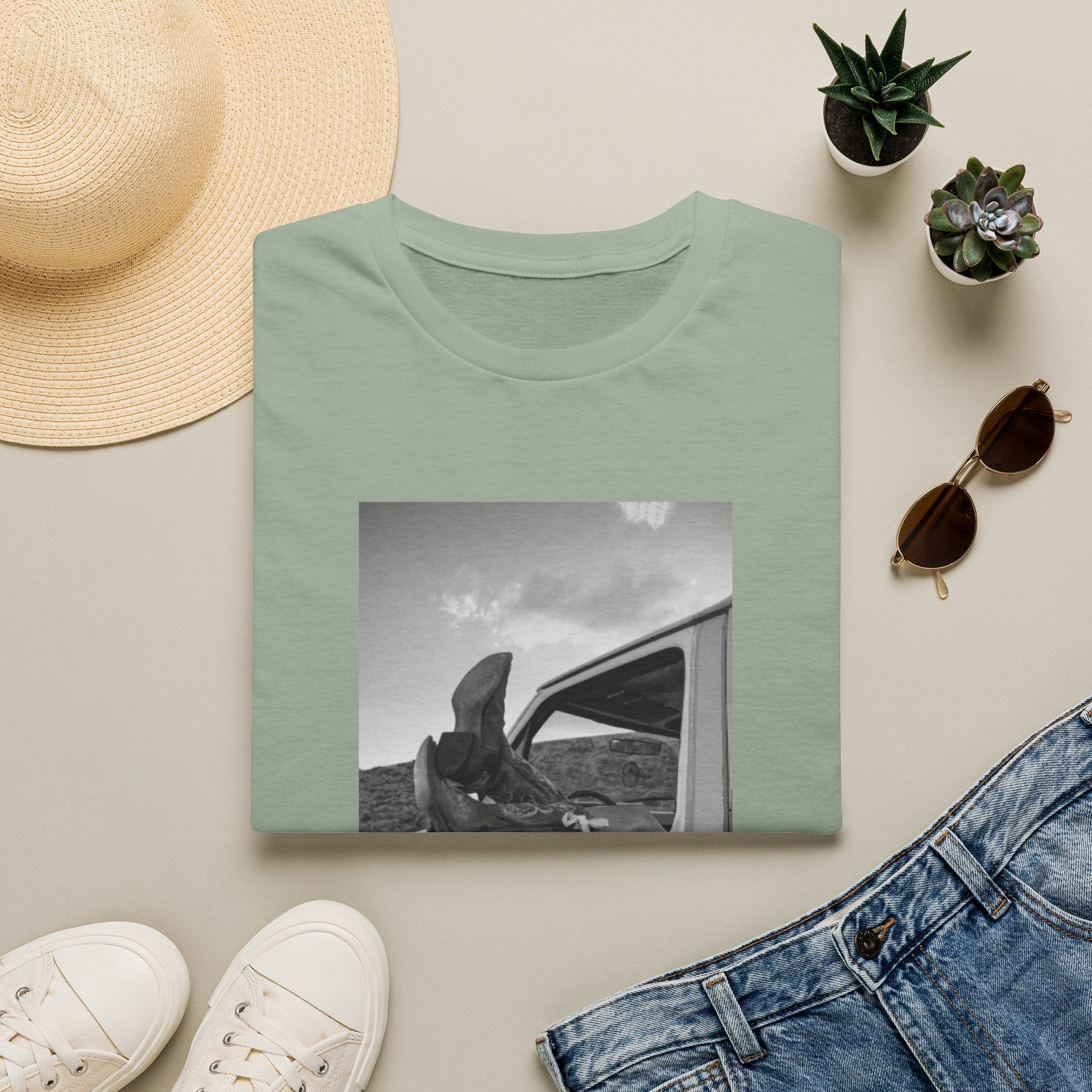 Vintage Road Trip T-Shirt — Black & White Van Window Photo