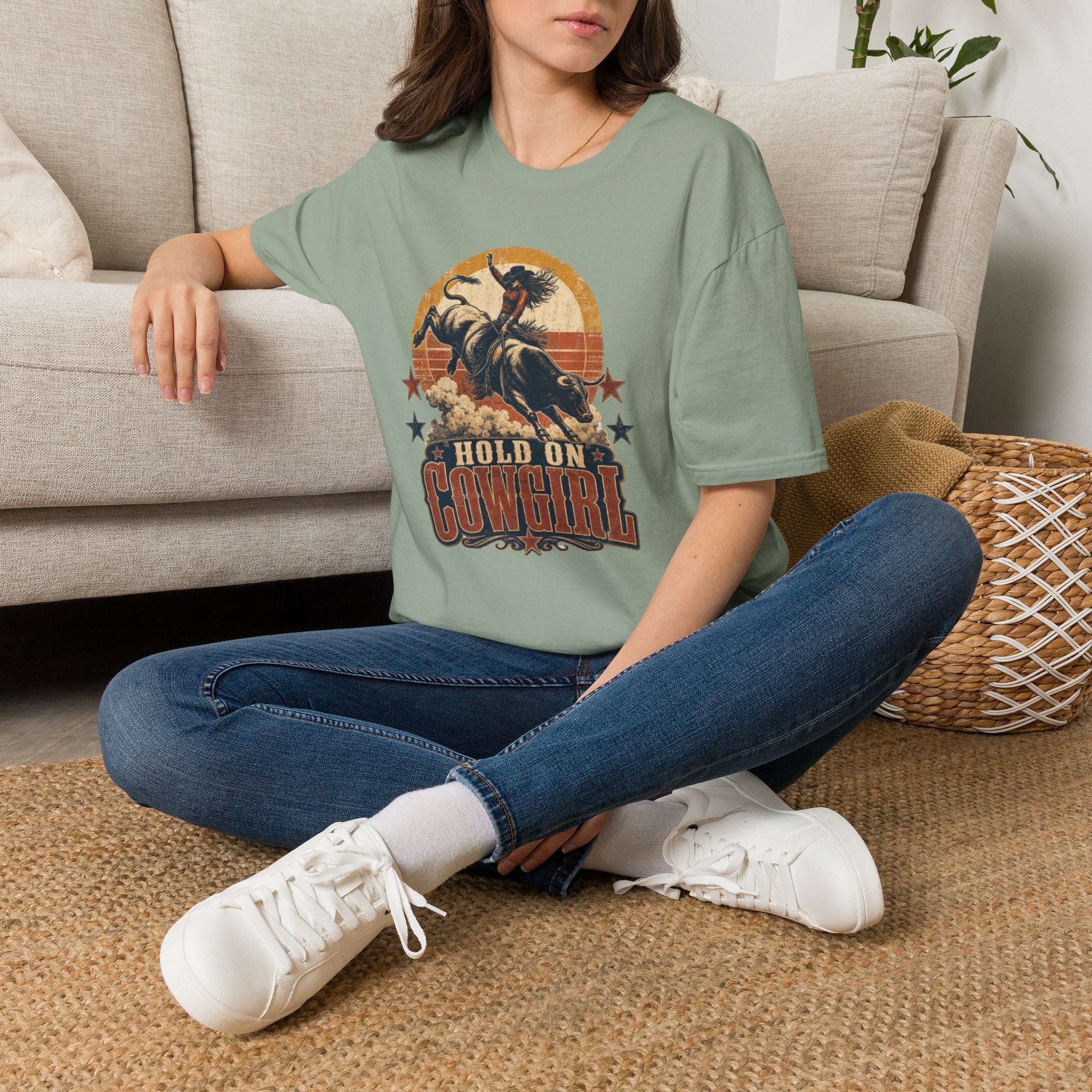 Hold On Cowgirl T-Shirt — Vintage Rodeo Bull Rider Tee
