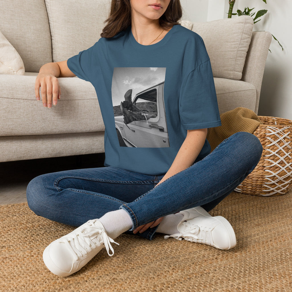 Vintage Road Trip T-Shirt — Black & White Van Window Photo