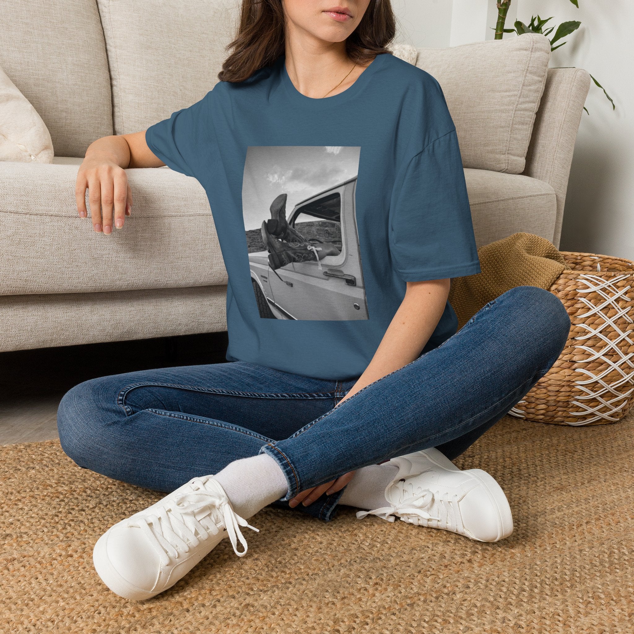 Vintage Road Trip T-Shirt — Black & White Van Window Photo