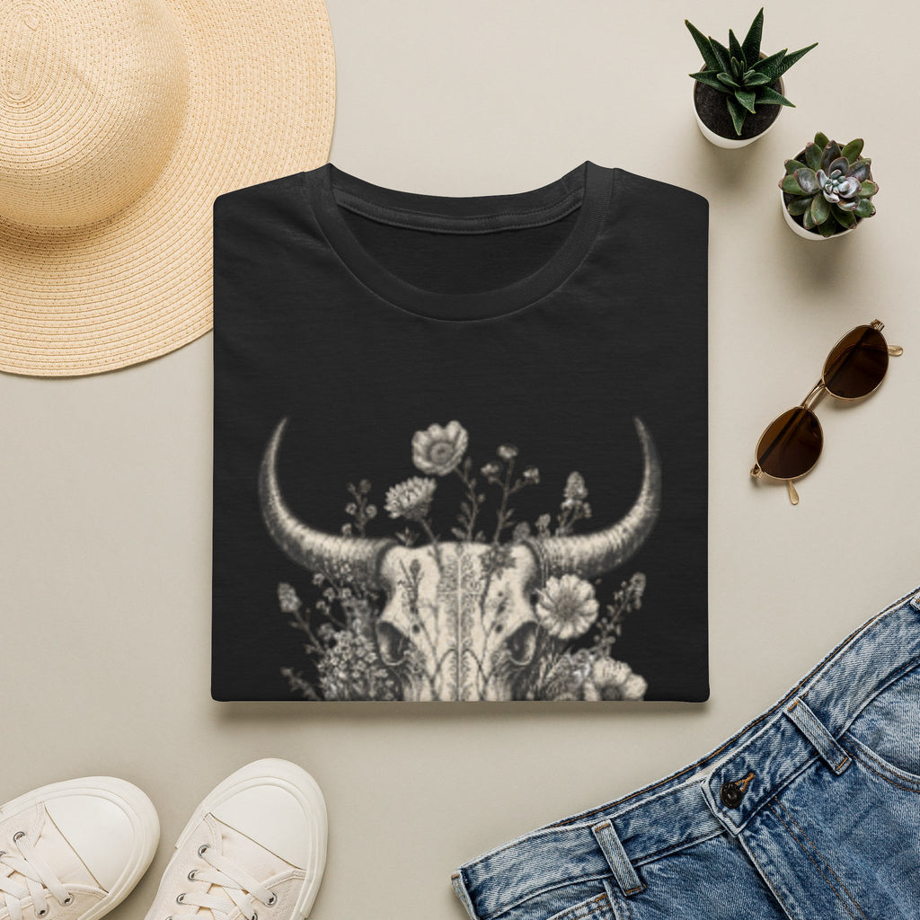 Bull Skull Floral T-Shirt — "Wild and Free" Boho Western Tee