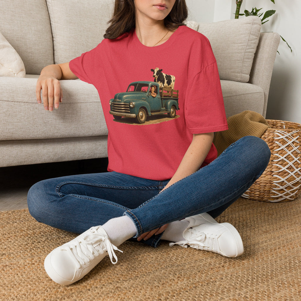 Vintage Farm Truck T-Shirt – Retro Pickup with Cow Graphic