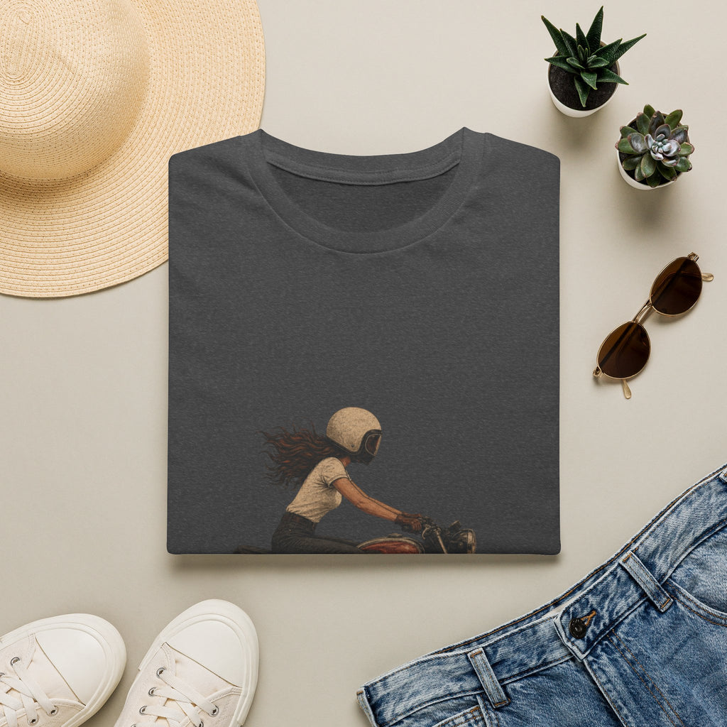 Motorcycle Rider Graphic T-Shirt — Woman on Vintage Bike Design