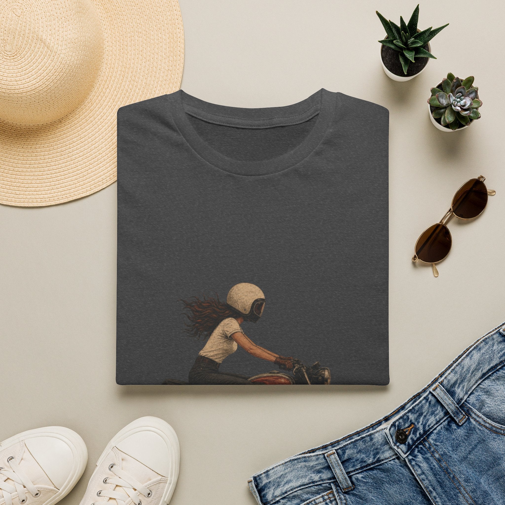 Motorcycle Rider Graphic T-Shirt — Woman on Vintage Bike Design