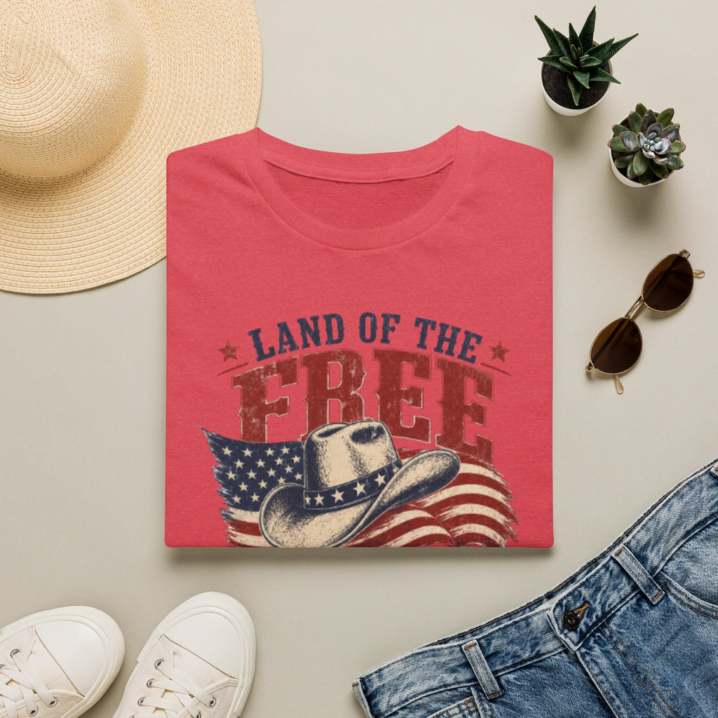 Land of the Free Cowboy Flag T-Shirt — "Land of the Free, Home of the Brave" Patriotic Tee
