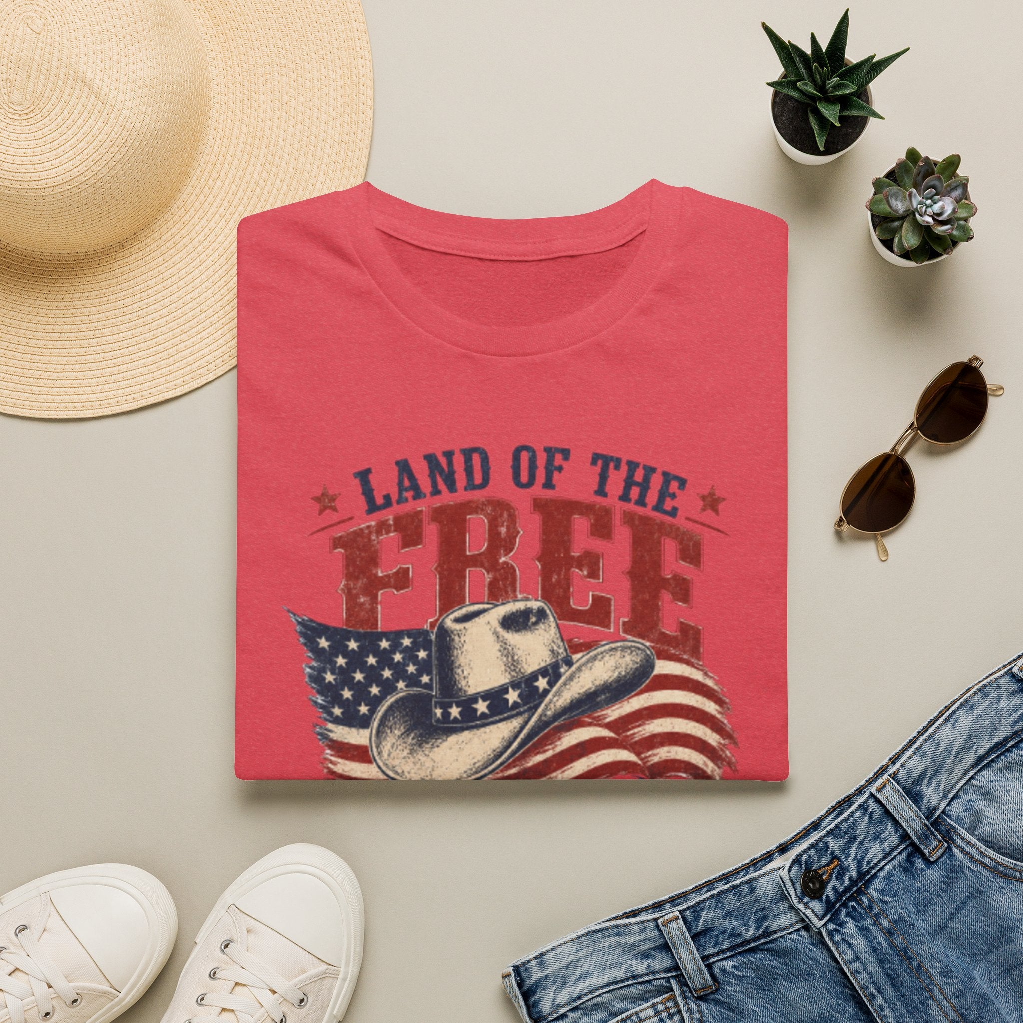 Land of the Free Cowboy Flag T-Shirt — "Land of the Free, Home of the Brave" Patriotic Tee