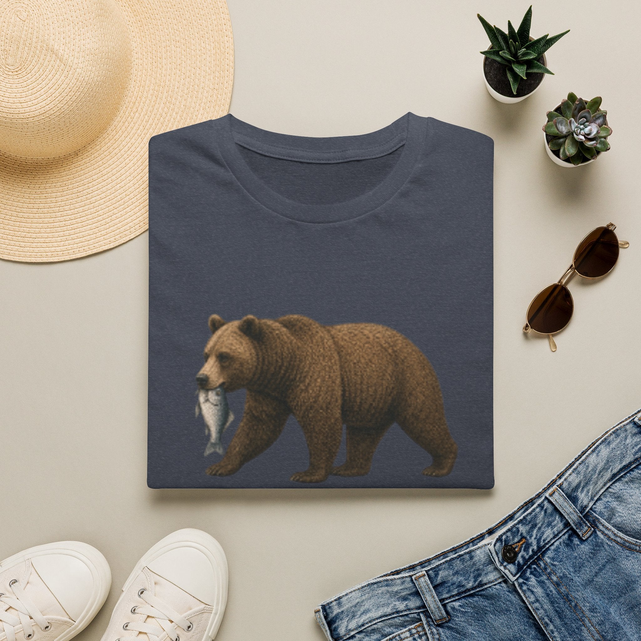 Bear with Fish T-Shirt — Rustic Wildlife Graphic Tee for Nature Lovers
