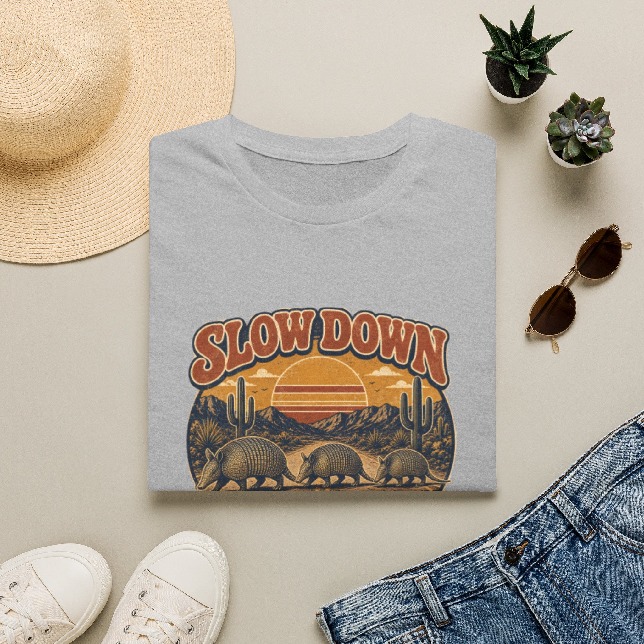Slow Down Armadillo Crossing T-Shirt — Retro Desert Wildlife Graphic Tee