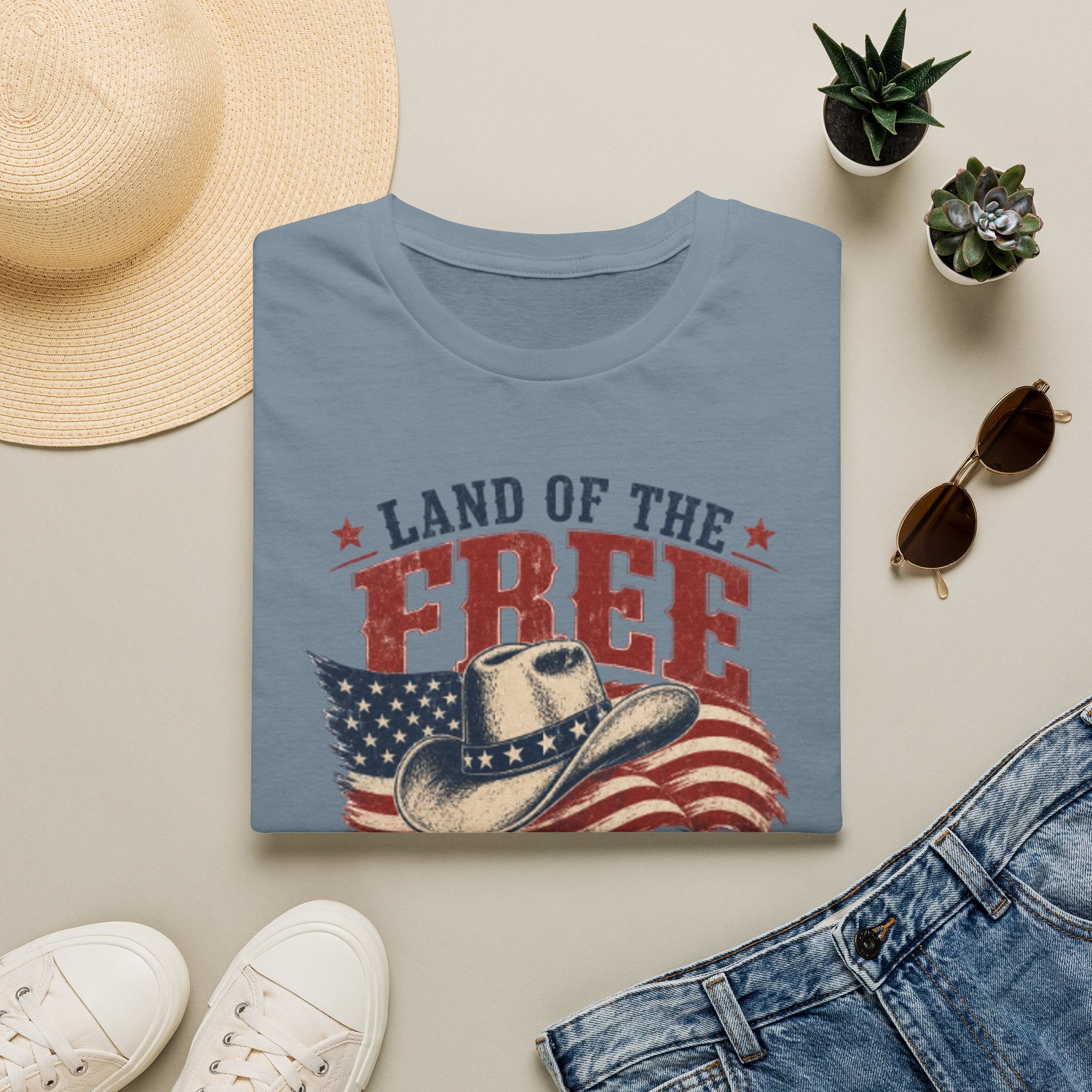 Land of the Free Cowboy Flag T-Shirt — "Land of the Free, Home of the Brave" Patriotic Tee