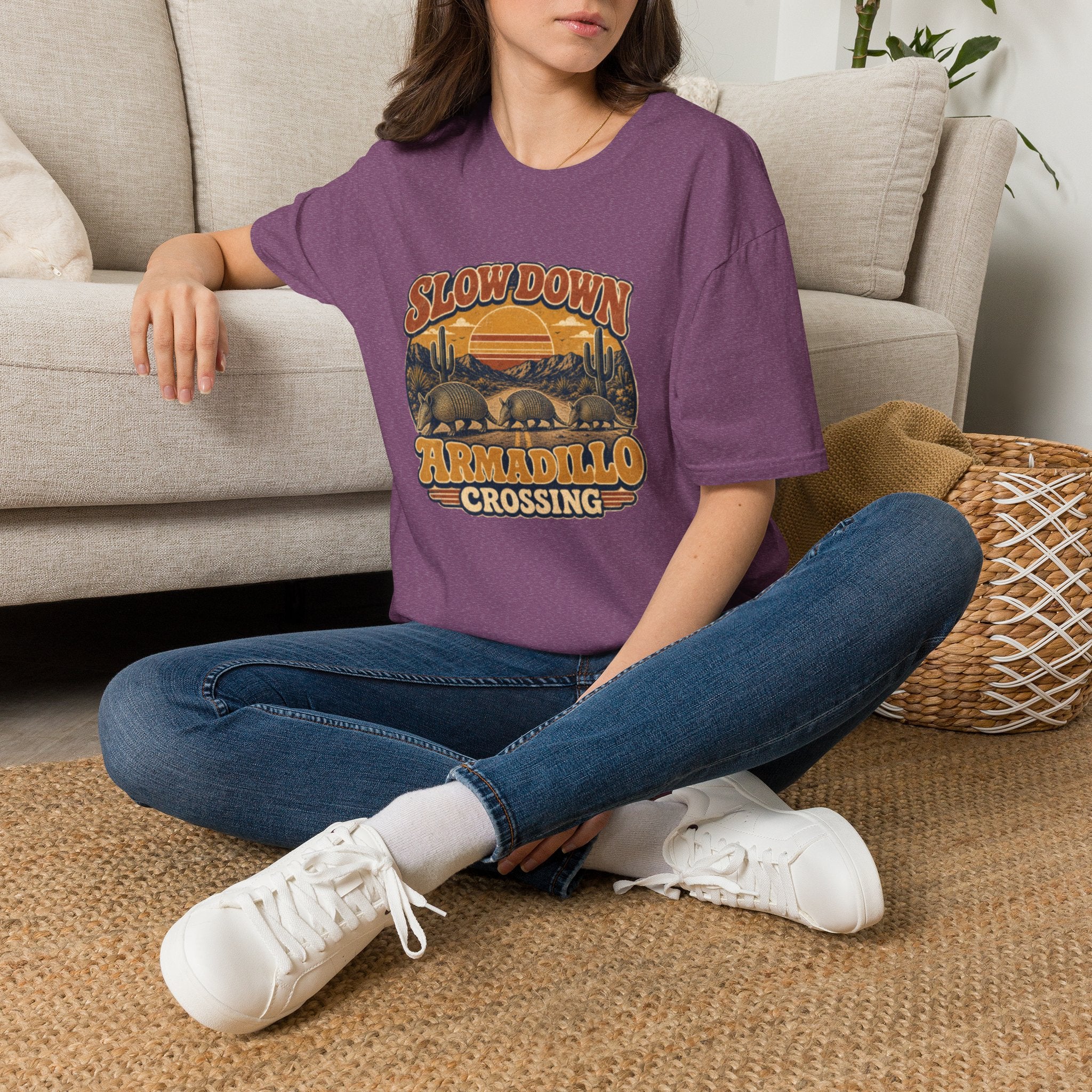 Slow Down Armadillo Crossing T-Shirt — Retro Desert Wildlife Graphic Tee