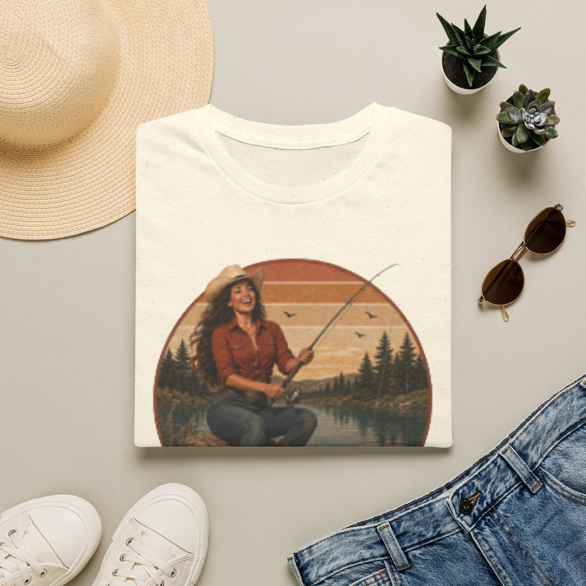 Fishing Graphic T‑Shirt — "Hook Em" Retro Outdoorswoman Tee