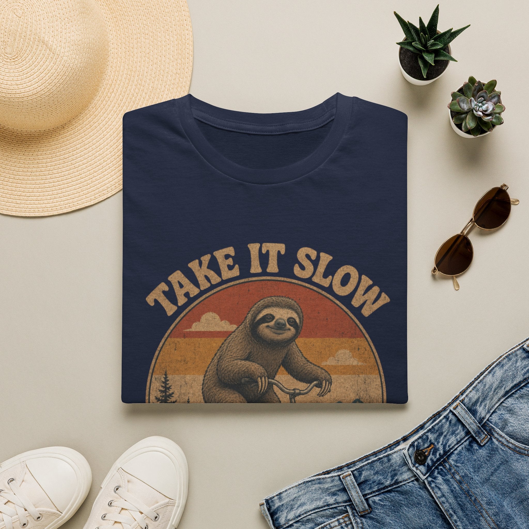 Take It Slow Sloth T-Shirt | Retro Sloth Bicycle Design