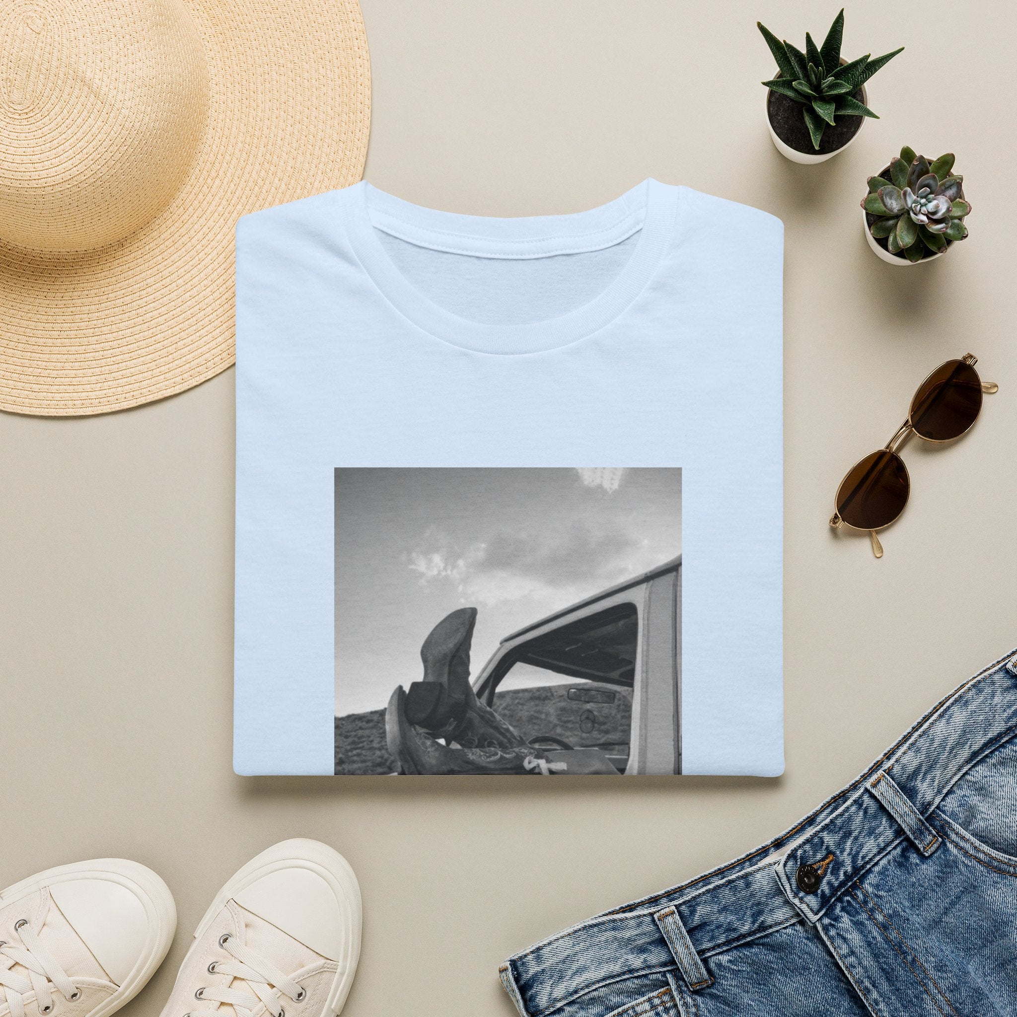 Vintage Road Trip T-Shirt — Black & White Van Window Photo