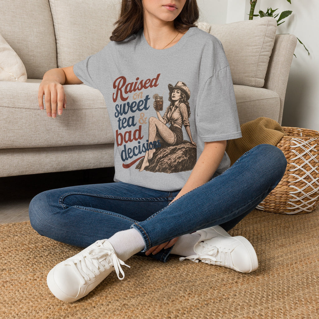 Raised on Sweet Tea & Bad Decisions T-Shirt — Southern Cowgirl Retro Graphic Tee