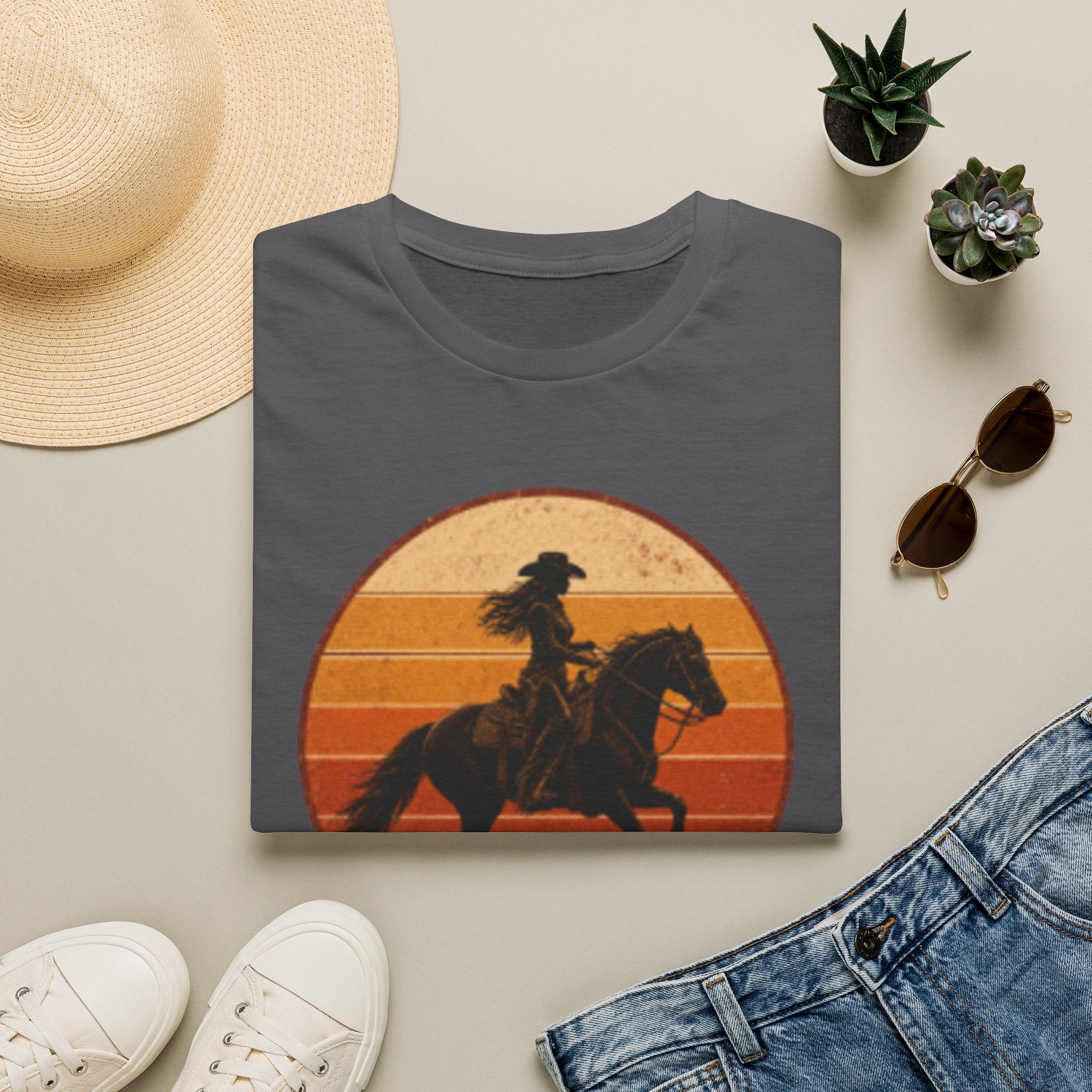 Cowgirl Silhouette T-Shirt — Retro Sunset Horse Riding Tee