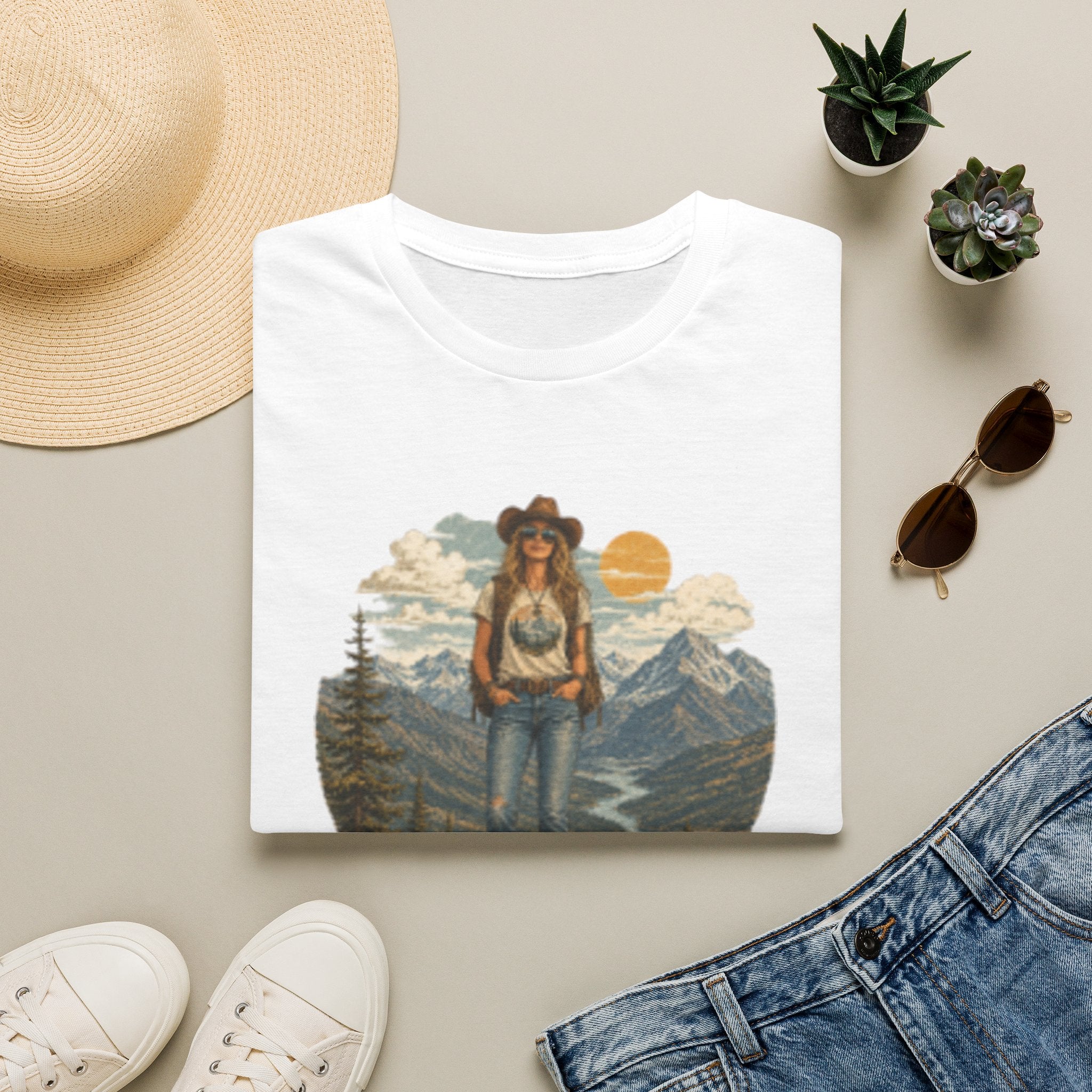 Cowgirl Mountain Adventure T‑Shirt — Vintage Sunset Hiker Graphic