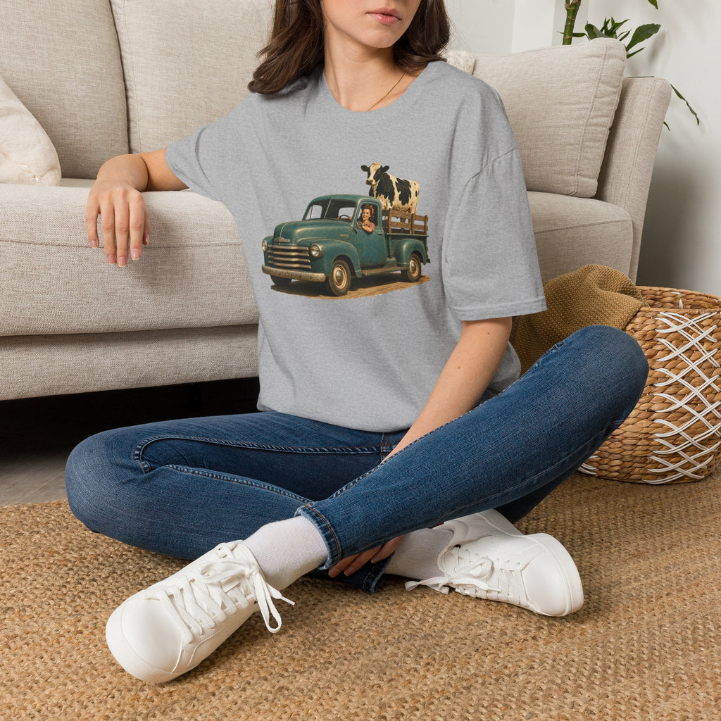 Vintage Farm Truck T-Shirt – Retro Pickup with Cow Graphic