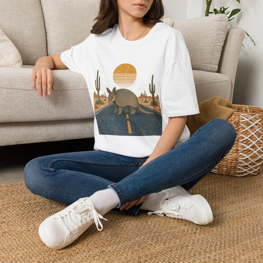 Armadillo Desert Sunset T-Shirt — Retro Cactus Road Wildlife Tee
