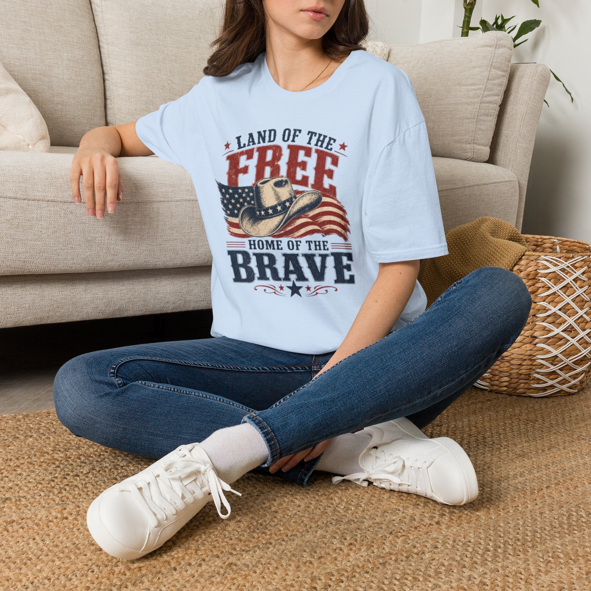 Land of the Free Cowboy Flag T-Shirt — "Land of the Free, Home of the Brave" Patriotic Tee