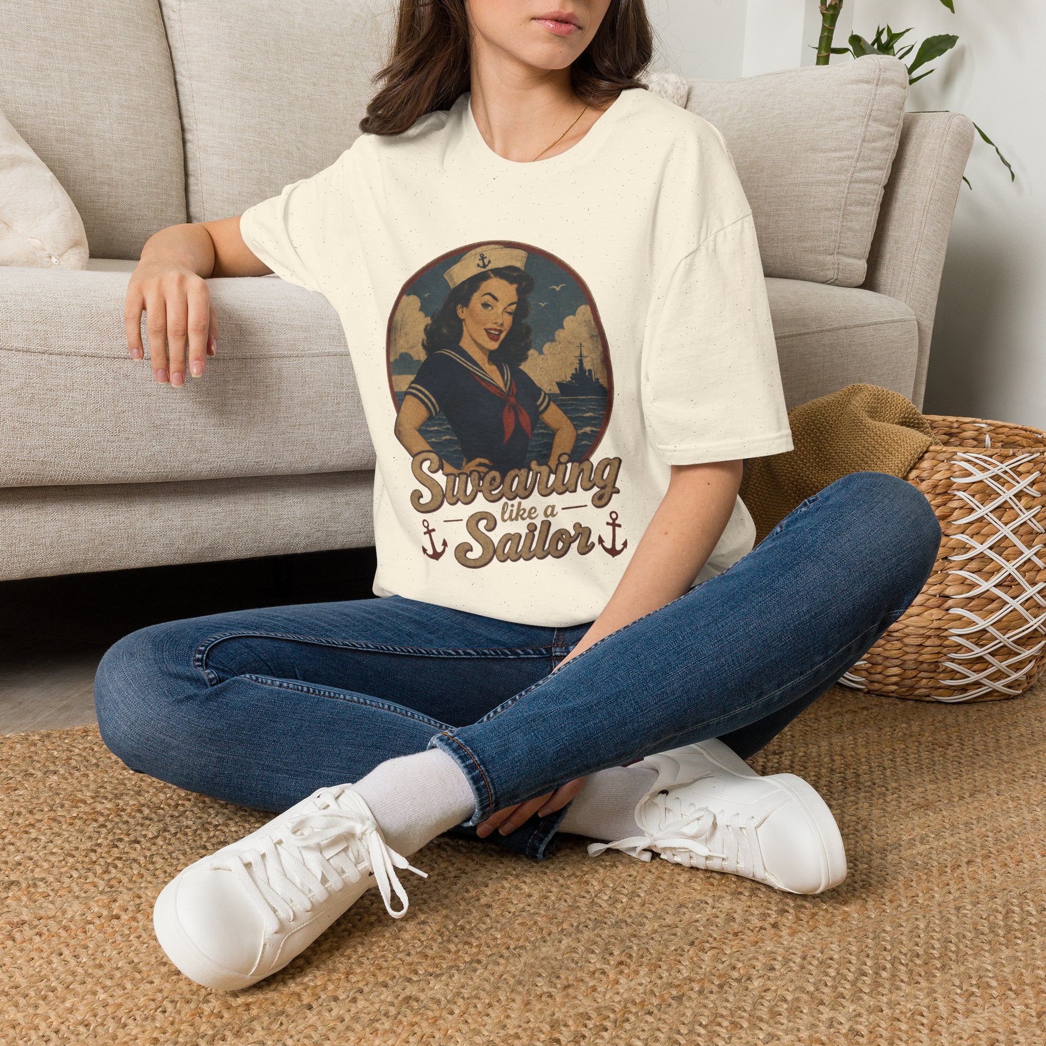 Vintage Sailor Girl T-Shirt — “Smoothing Like a Sailor” Retro Navy Pin-Up Tee