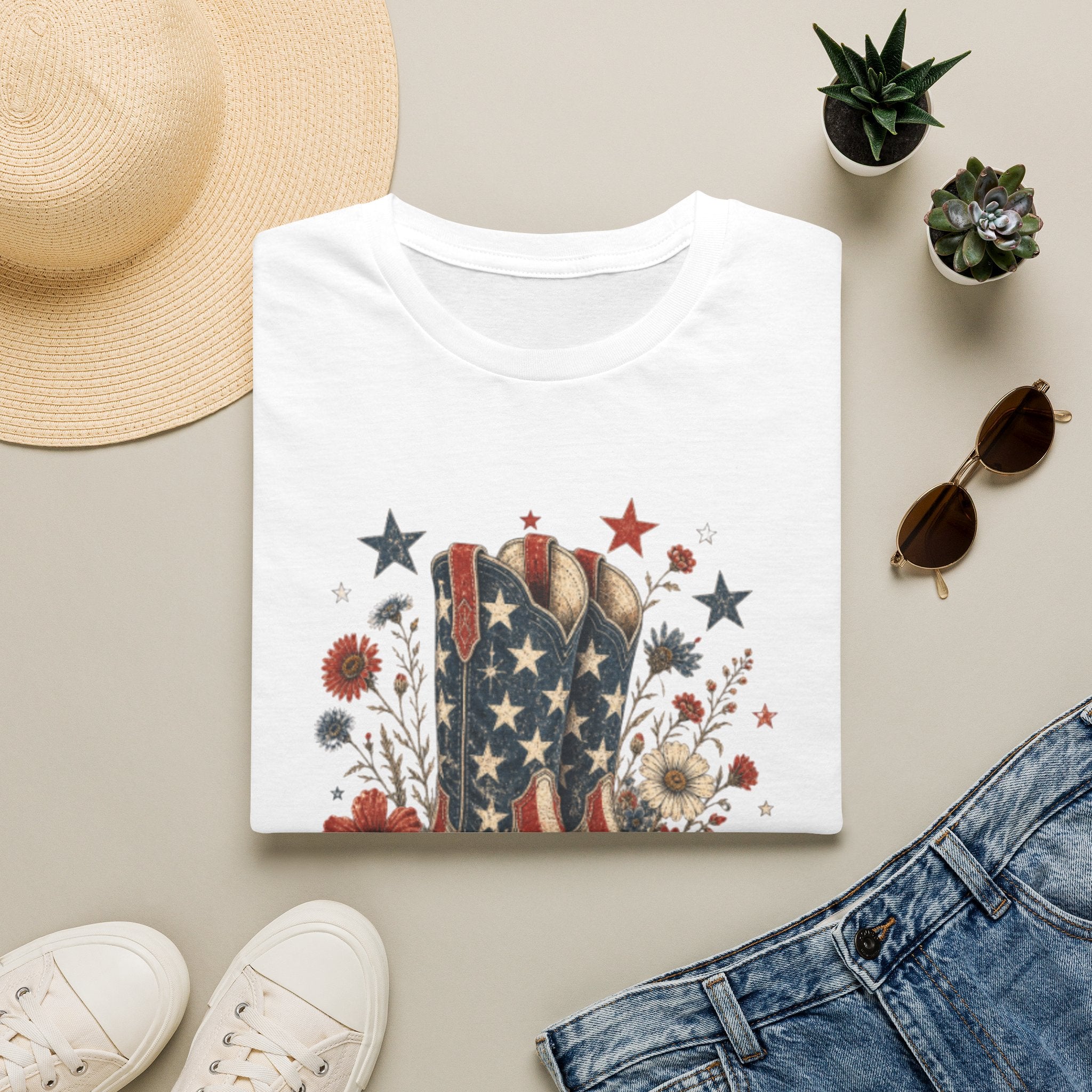 Cowboy Boot Tee — Americana Flag Floral Graphic T-Shirt