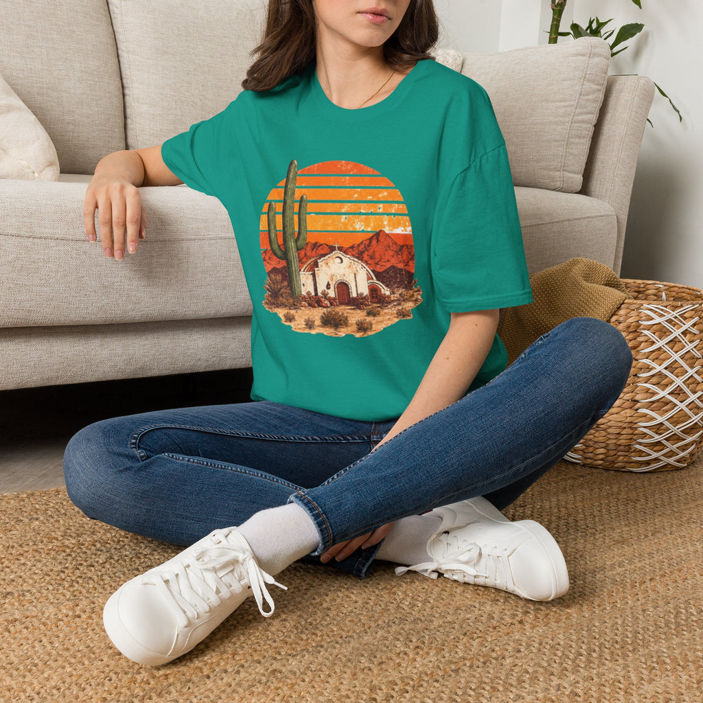 Desert Sunset T‑Shirt — Vintage Cactus & Adobe House Graphic