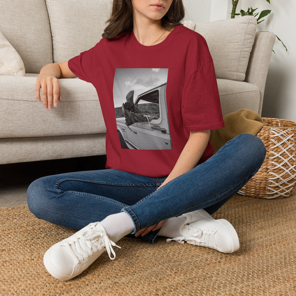 Vintage Road Trip T-Shirt — Black & White Van Window Photo