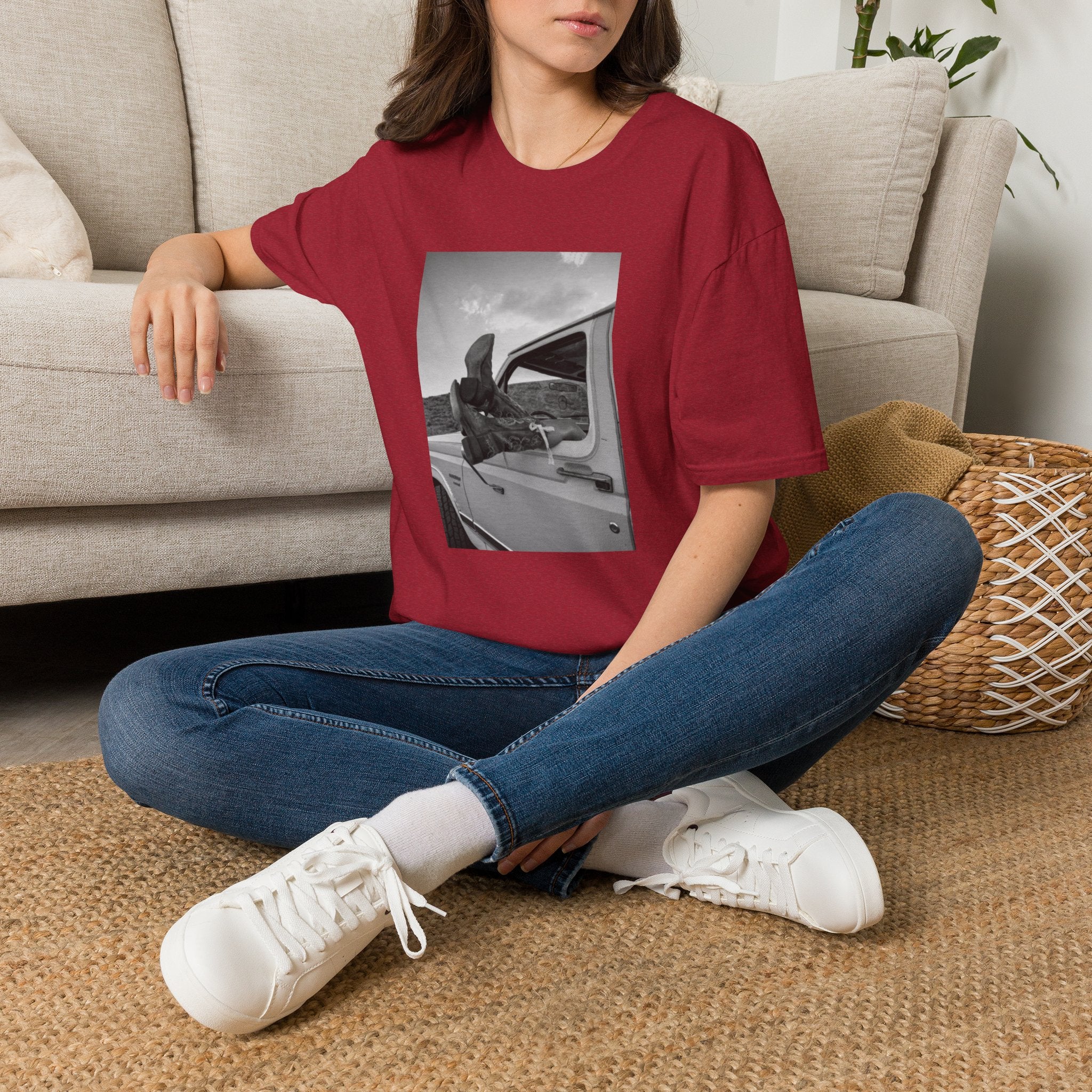Vintage Road Trip T-Shirt — Black & White Van Window Photo