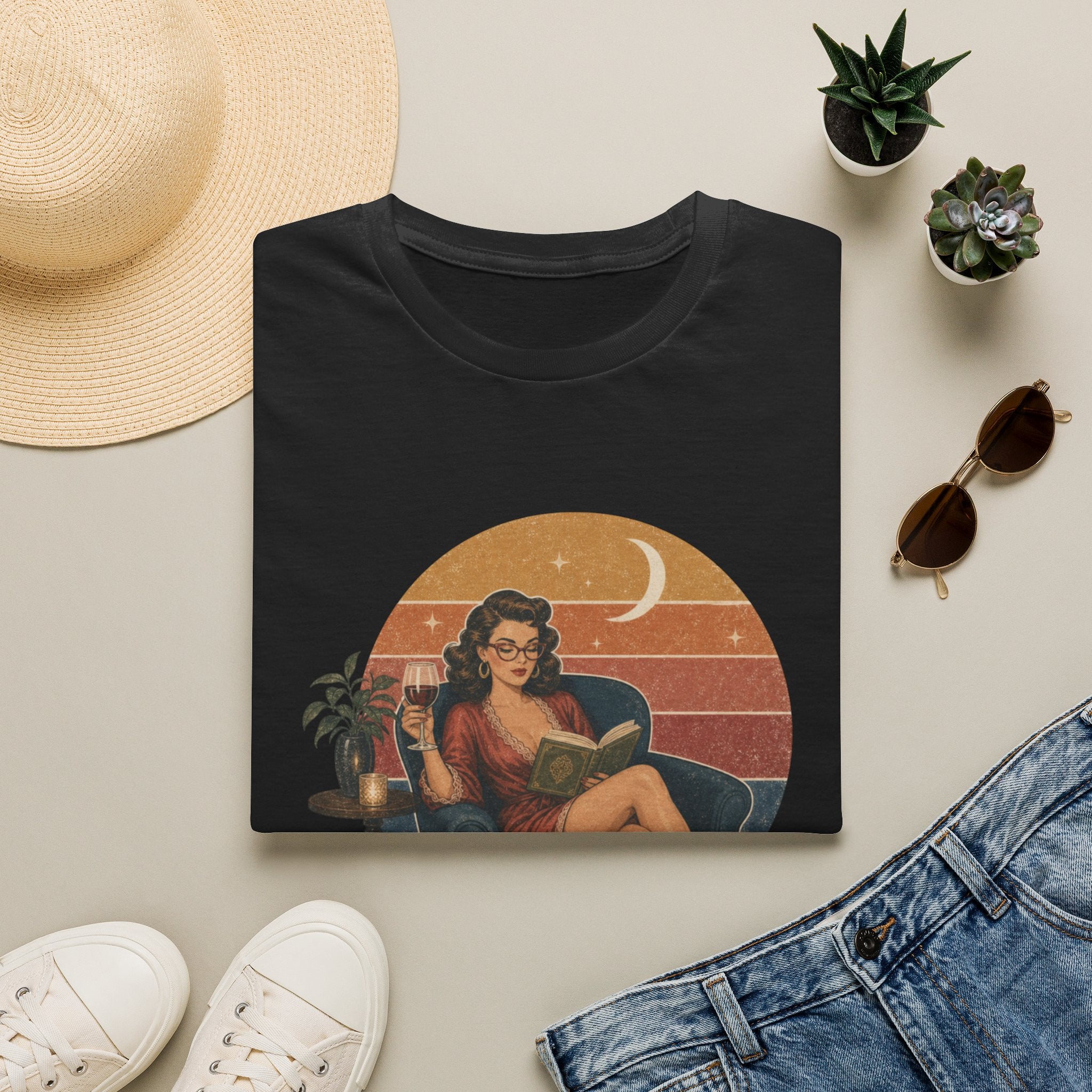 Lady of the Night Vintage Graphic T-Shirt — Retro Pinup Moonlit Reading Tee