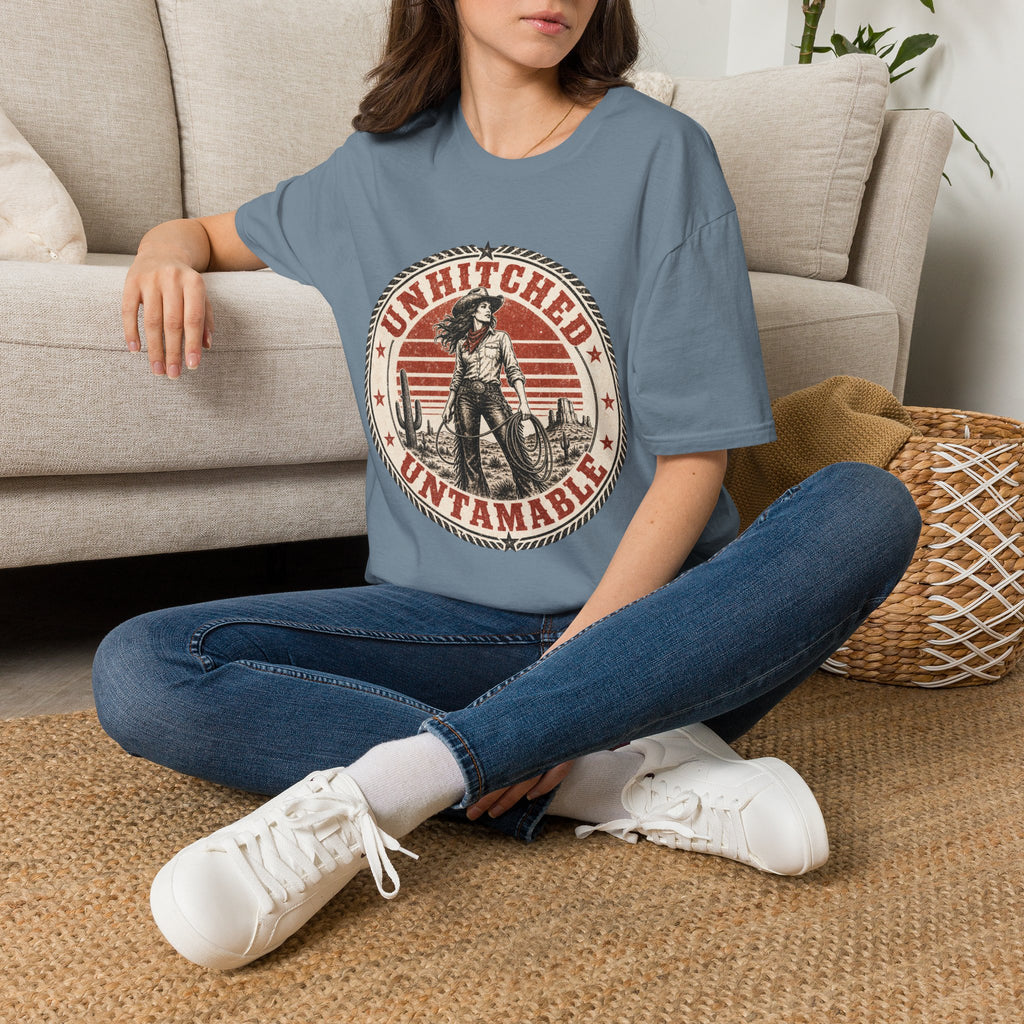 Unhitched Vintage Cowgirl T‑Shirt – “Unhitched & Untamable” Retro Western Graphic Tee