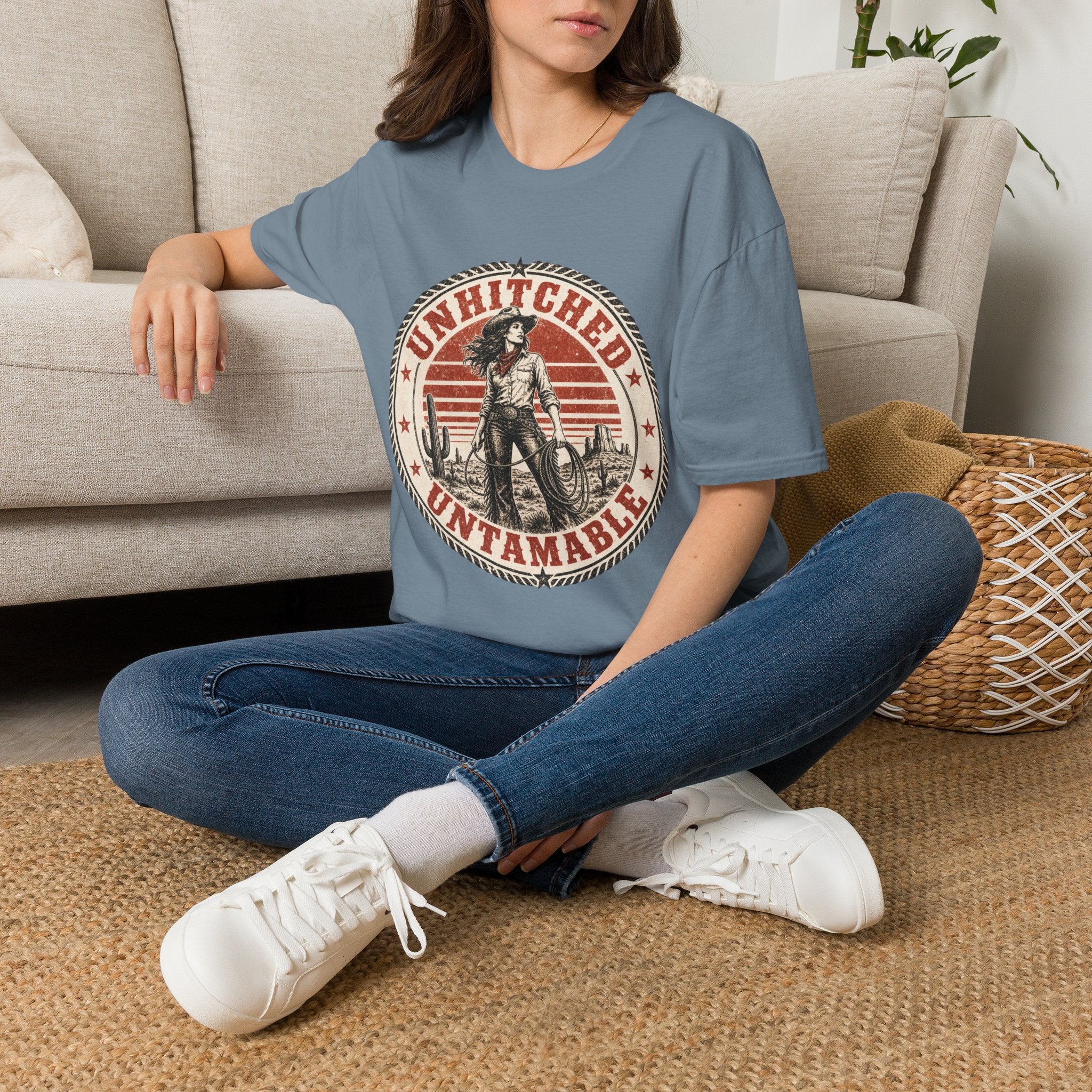 Unhitched Vintage Cowgirl T‑Shirt – “Unhitched & Untamable” Retro Western Graphic Tee
