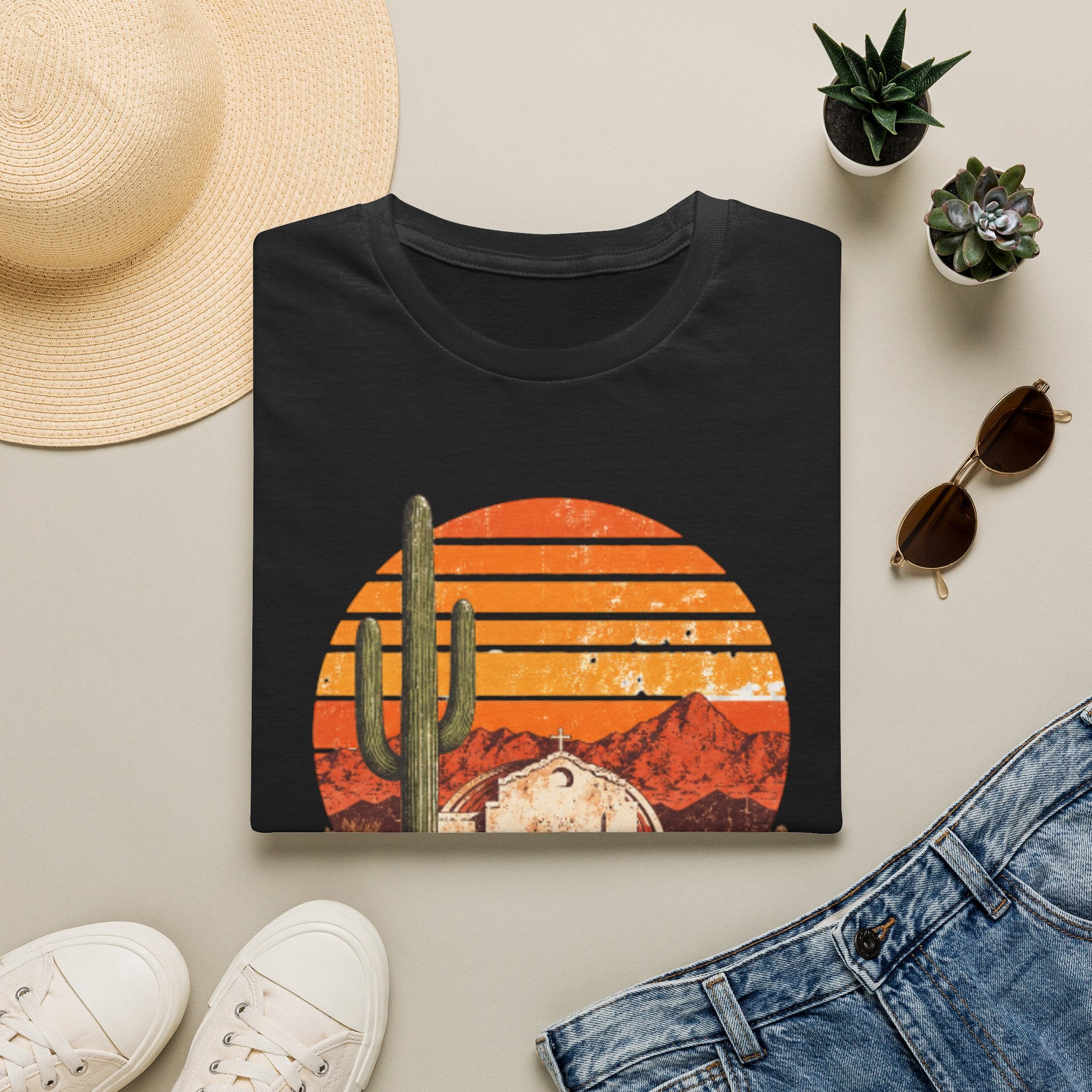 Desert Sunset T‑Shirt — Vintage Cactus & Adobe House Graphic