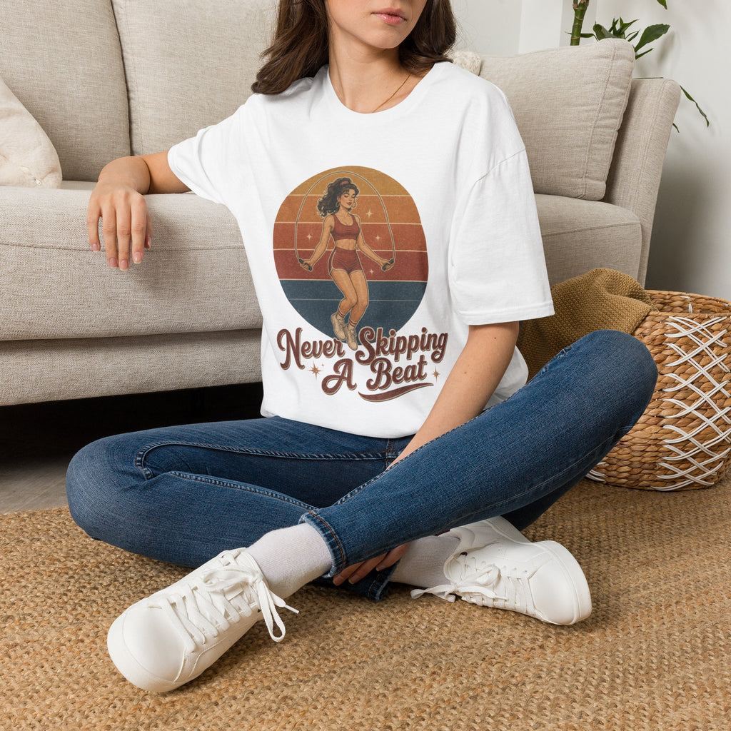 Retro Fitness T-Shirt — "Never Skipping a Beat" Vintage Pin-Up Workout Tee