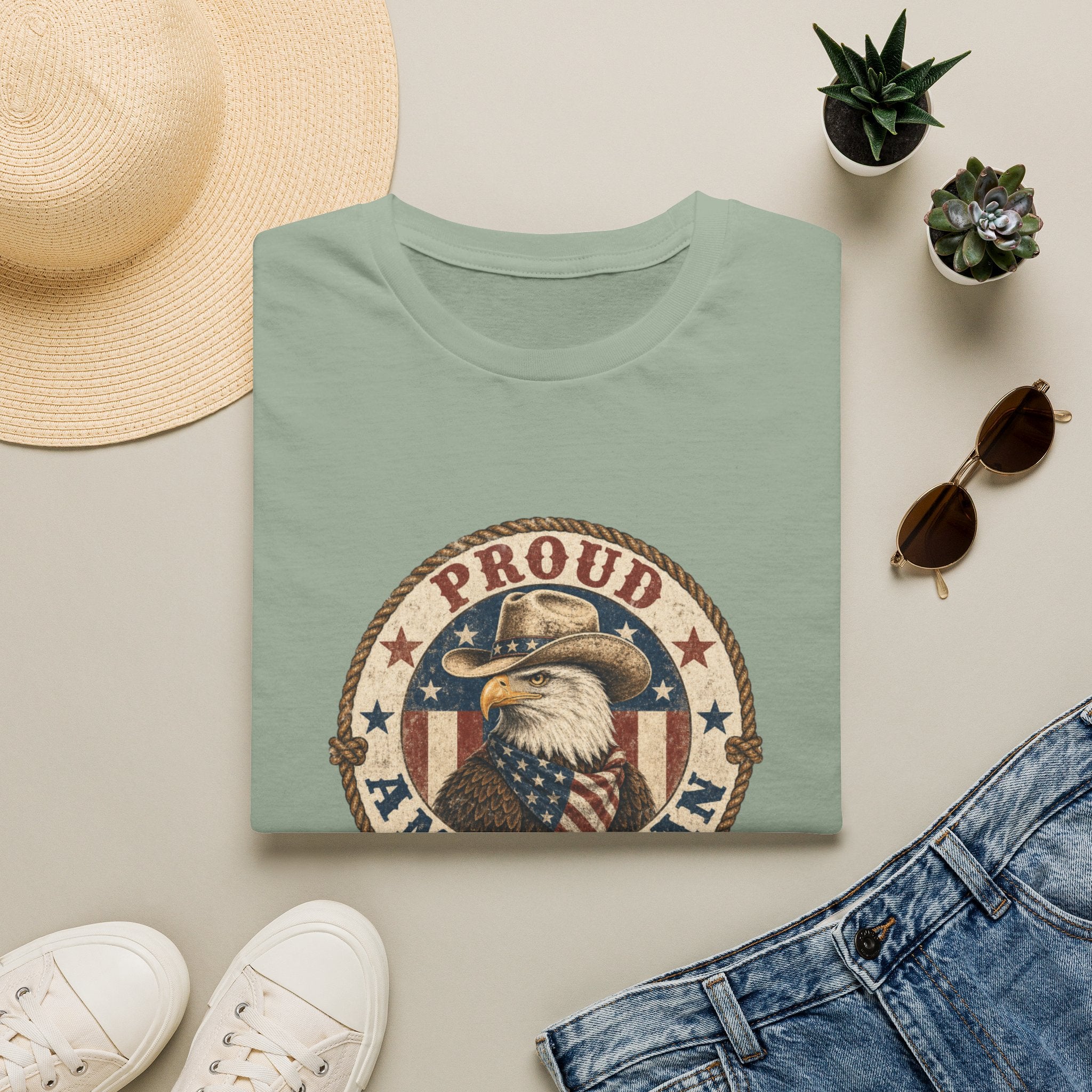 Proud American Cowgirl T-Shirt — Vintage Eagle & Flag Graphic