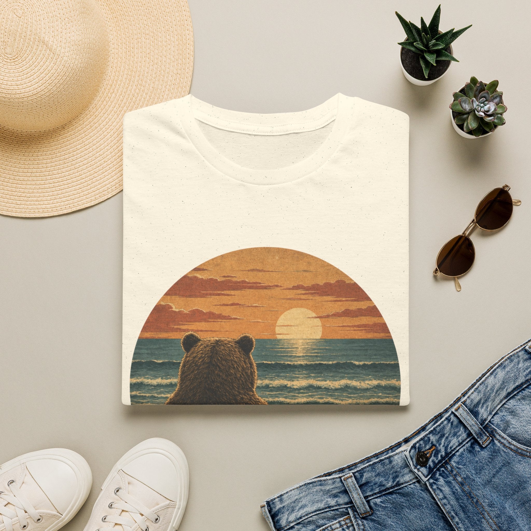 Bear Watching Sunset T‑Shirt — Retro Ocean Sunset Bear Graphic Tee