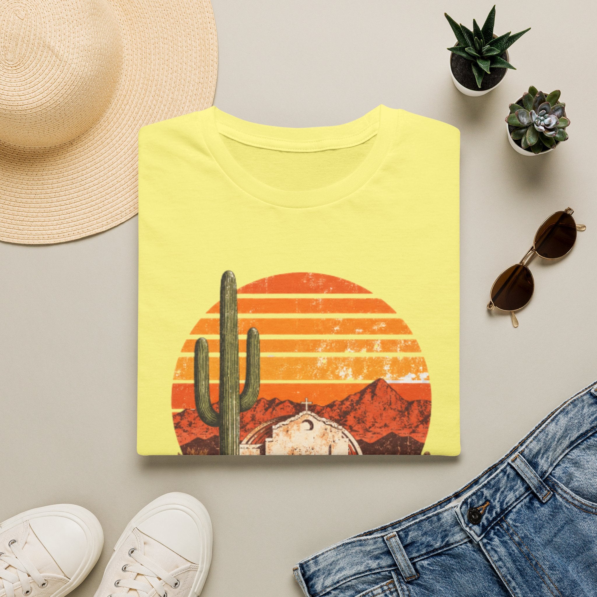 Desert Sunset T‑Shirt — Vintage Cactus & Adobe House Graphic