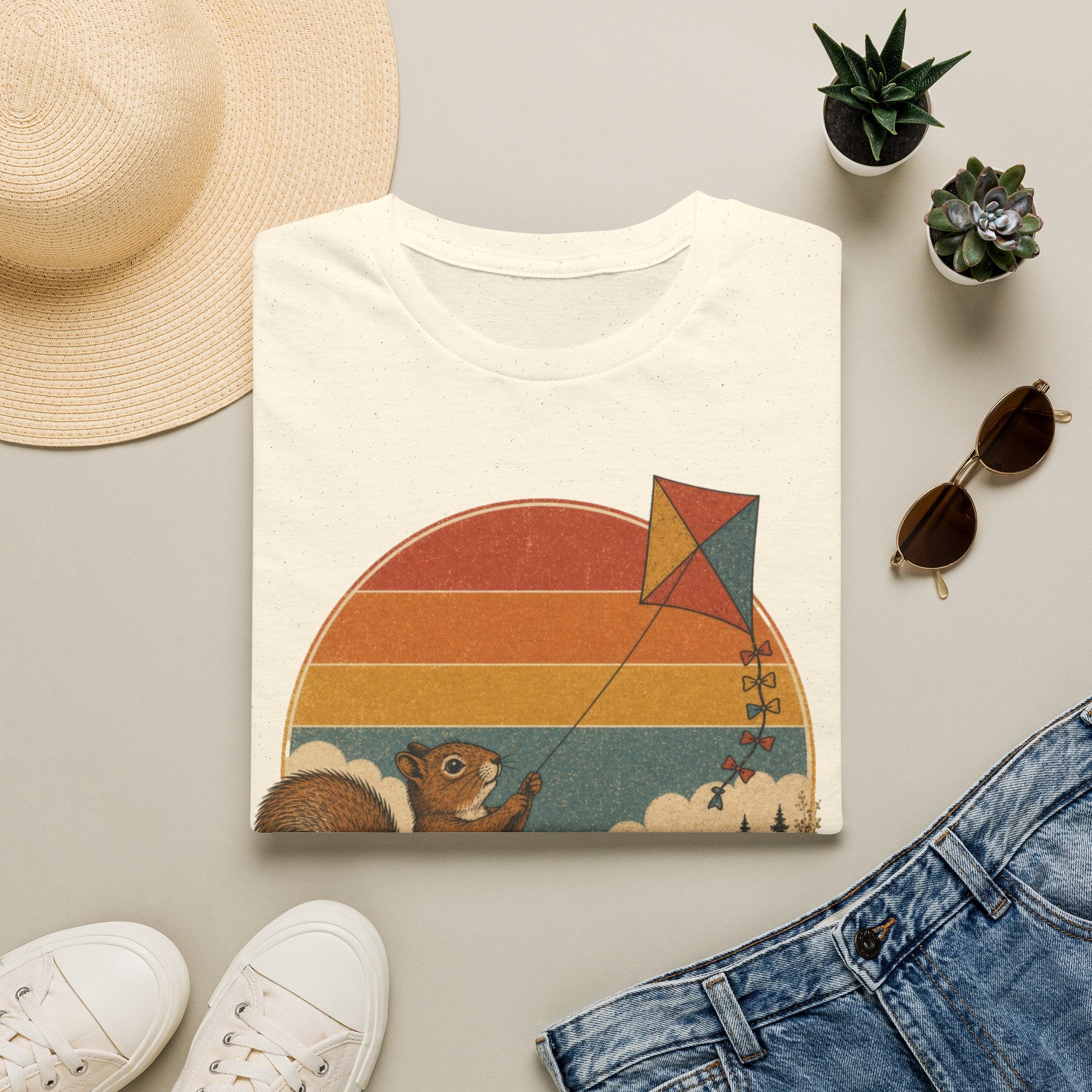 Retro Squirrel Kite T-Shirt — Vintage Sunset Nature Tee