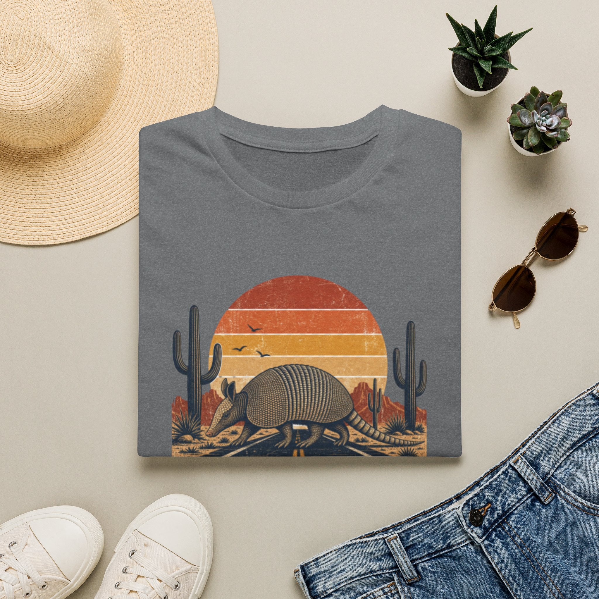 Texas Traveler Armadillo T-Shirt — Retro Desert Sunset Graphic