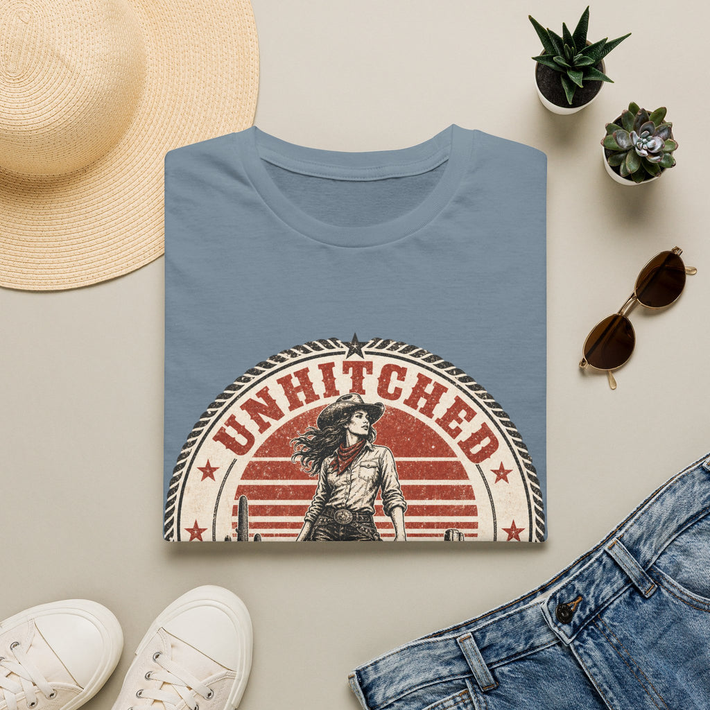Unhitched Vintage Cowgirl T‑Shirt – “Unhitched & Untamable” Retro Western Graphic Tee
